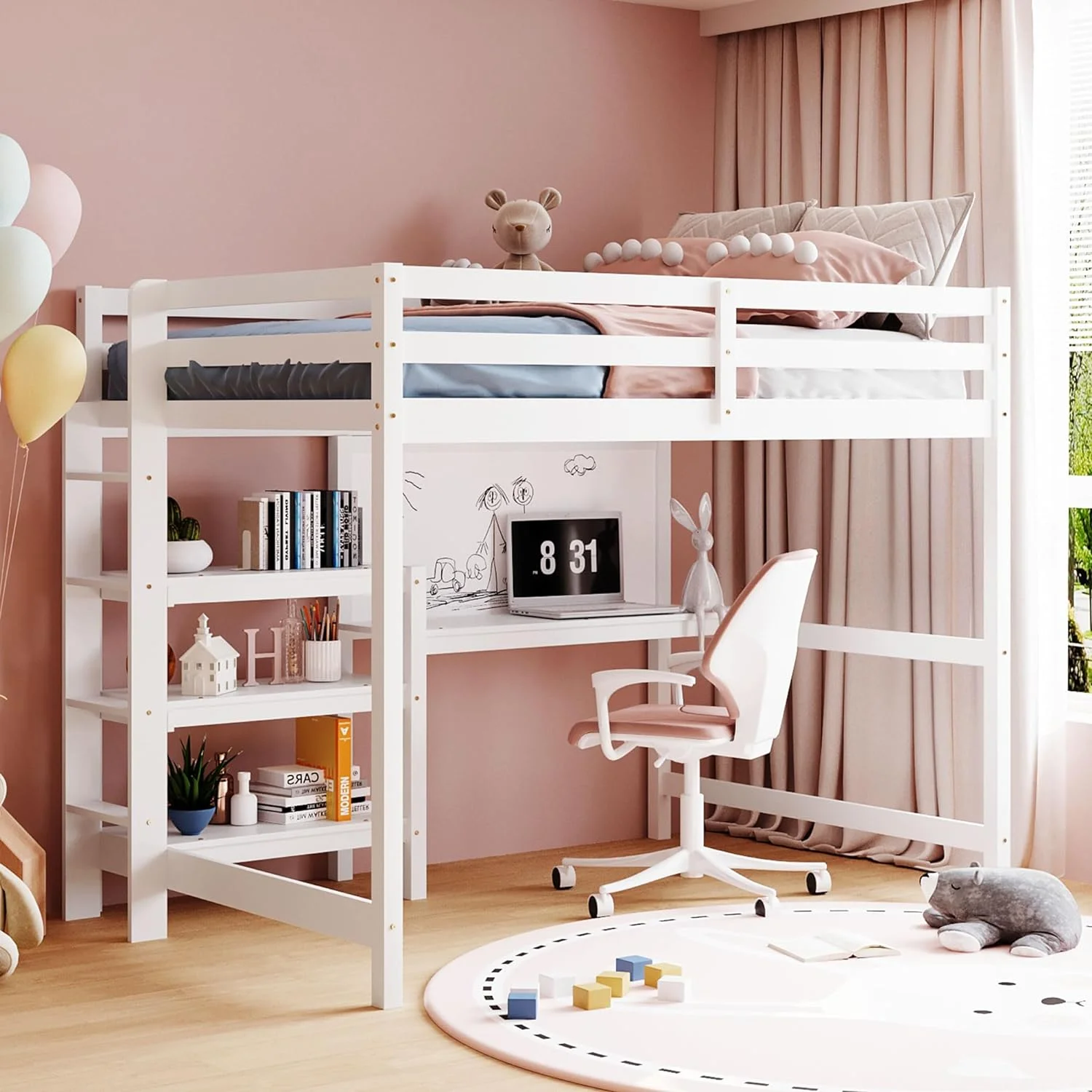Full Size Woode Loft Bed With 3-Tier Shelves,Desk Ad Writig Board,Multi-Fuctioal Full Loft Bed Frame For Bedroom,Dormitory(White)