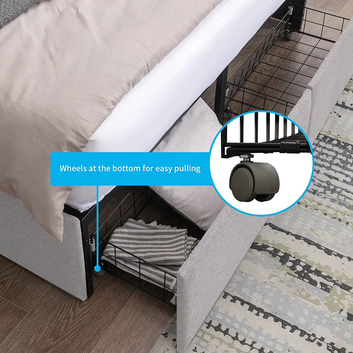 Puremind Queen Size Bed Frame with 4 Storage Drawers,Upholstered Metal Platform Bed with Premium Linen Fabric,Queen Bed Base Frame with Metal Support,Easy Assembly/Space Saving-Light Grey