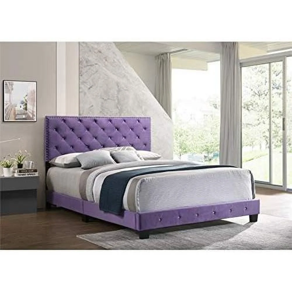 Transitional Velvet Upholstered Queen Bed In Purple