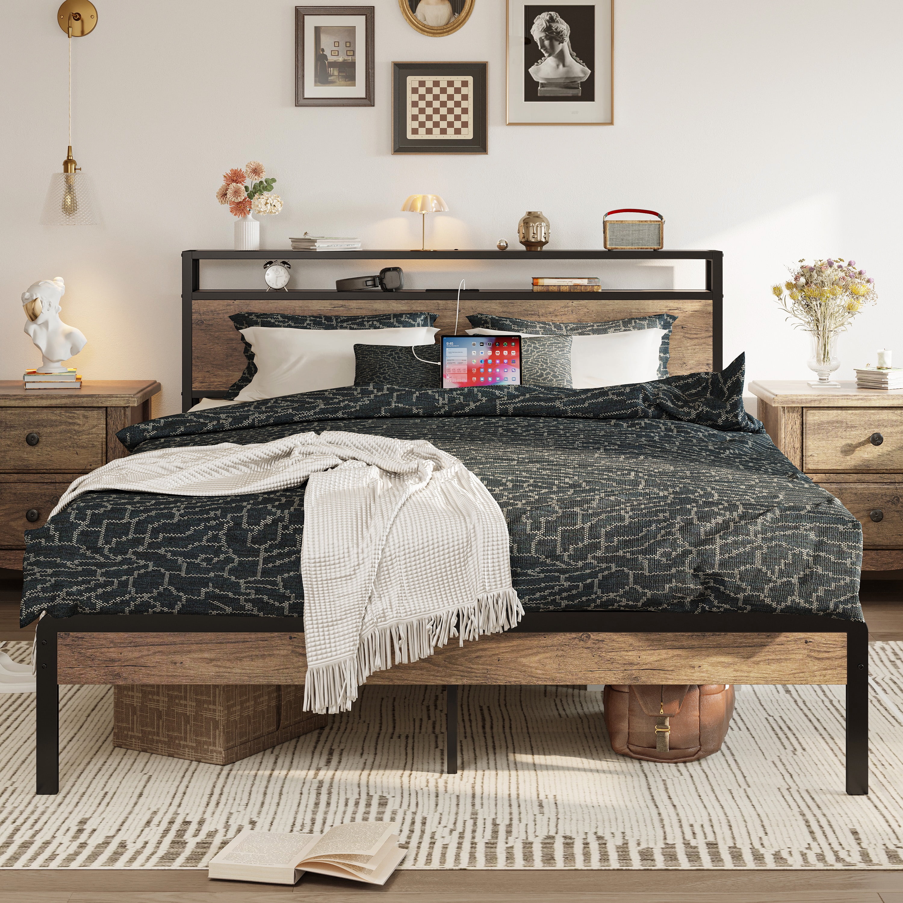 IRONCK Queen Platform Bed Frame with Storage Headboard and Charging Station, No Box Spring Needed