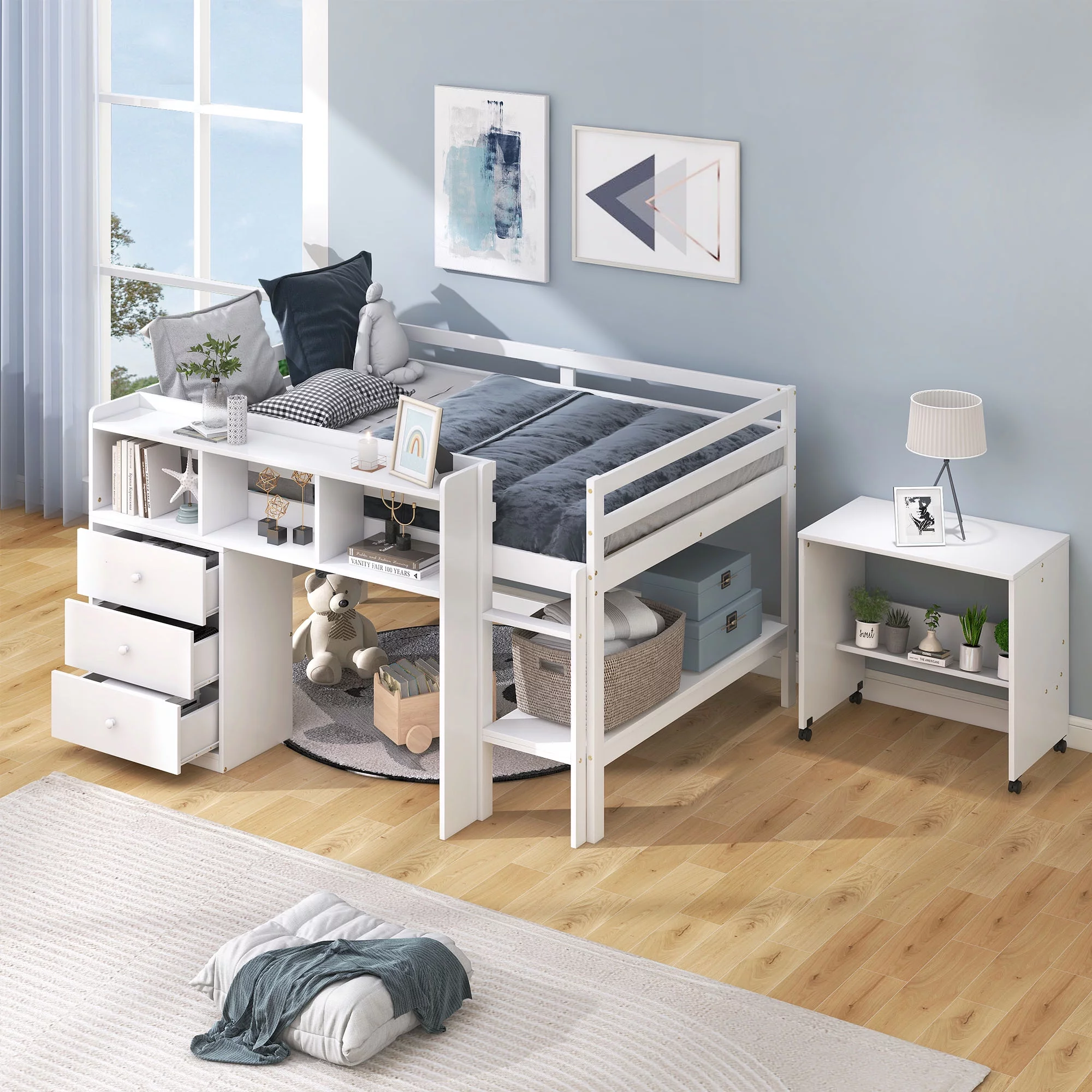 Leadzm Full Size Low Loft Bed with Rolling Portable Desk, Drawers and Shelves, White