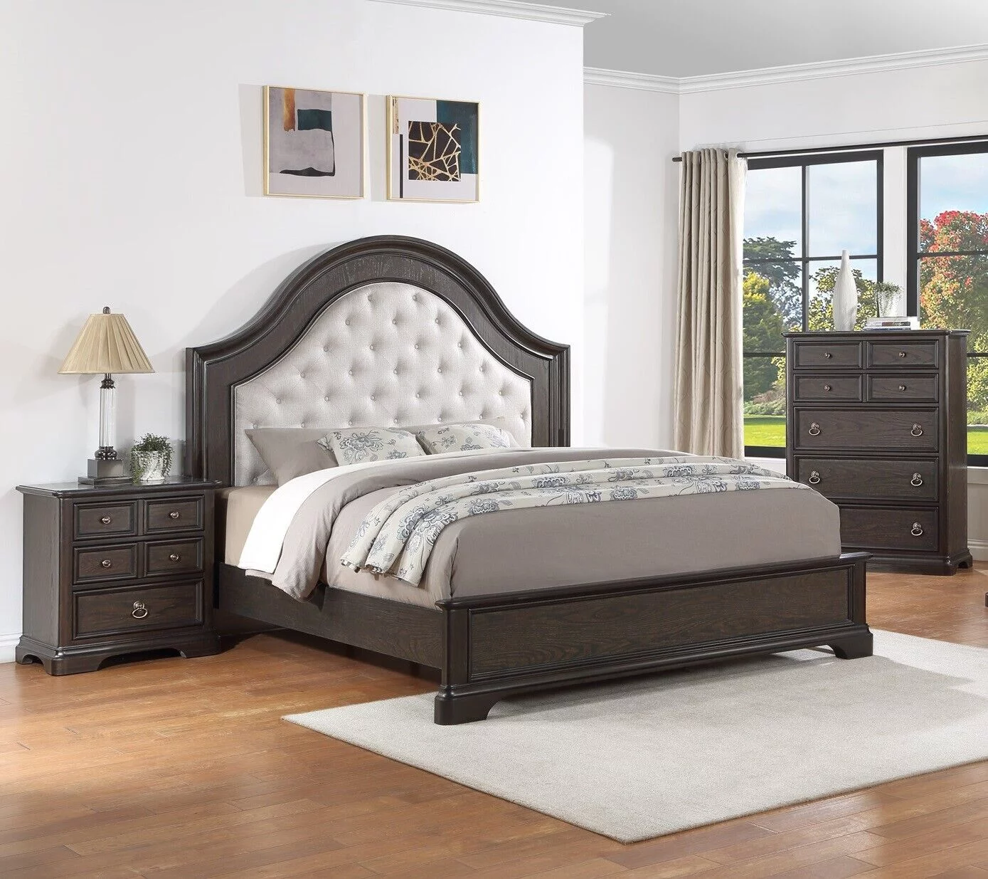 Classic Vintage Charm 3pc Queen Size Arched Panel Bed Storage Chest Nightstand Master Bedroom Set