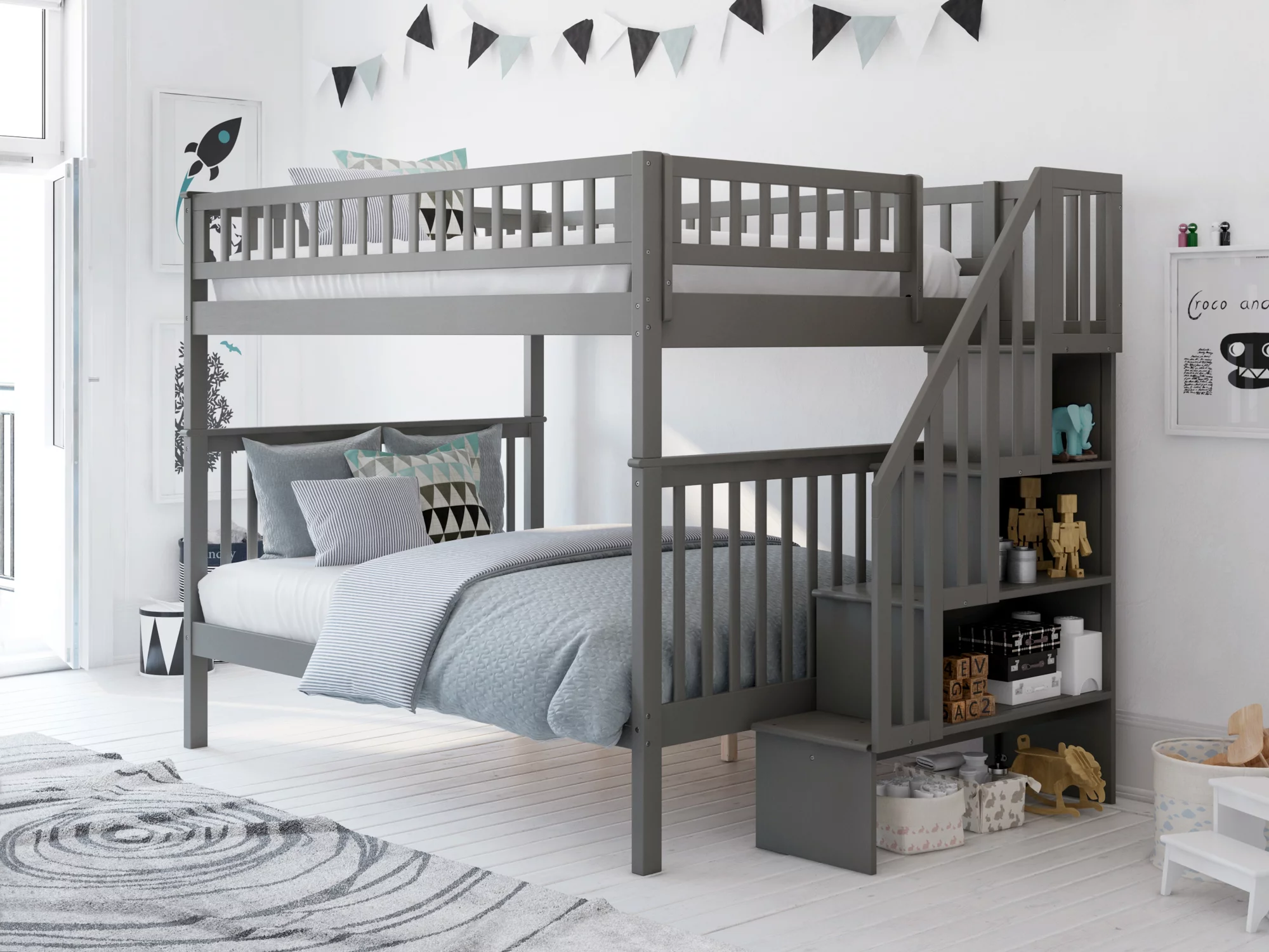 Woodland Staircase Bunk Bed Full over Full in Grey