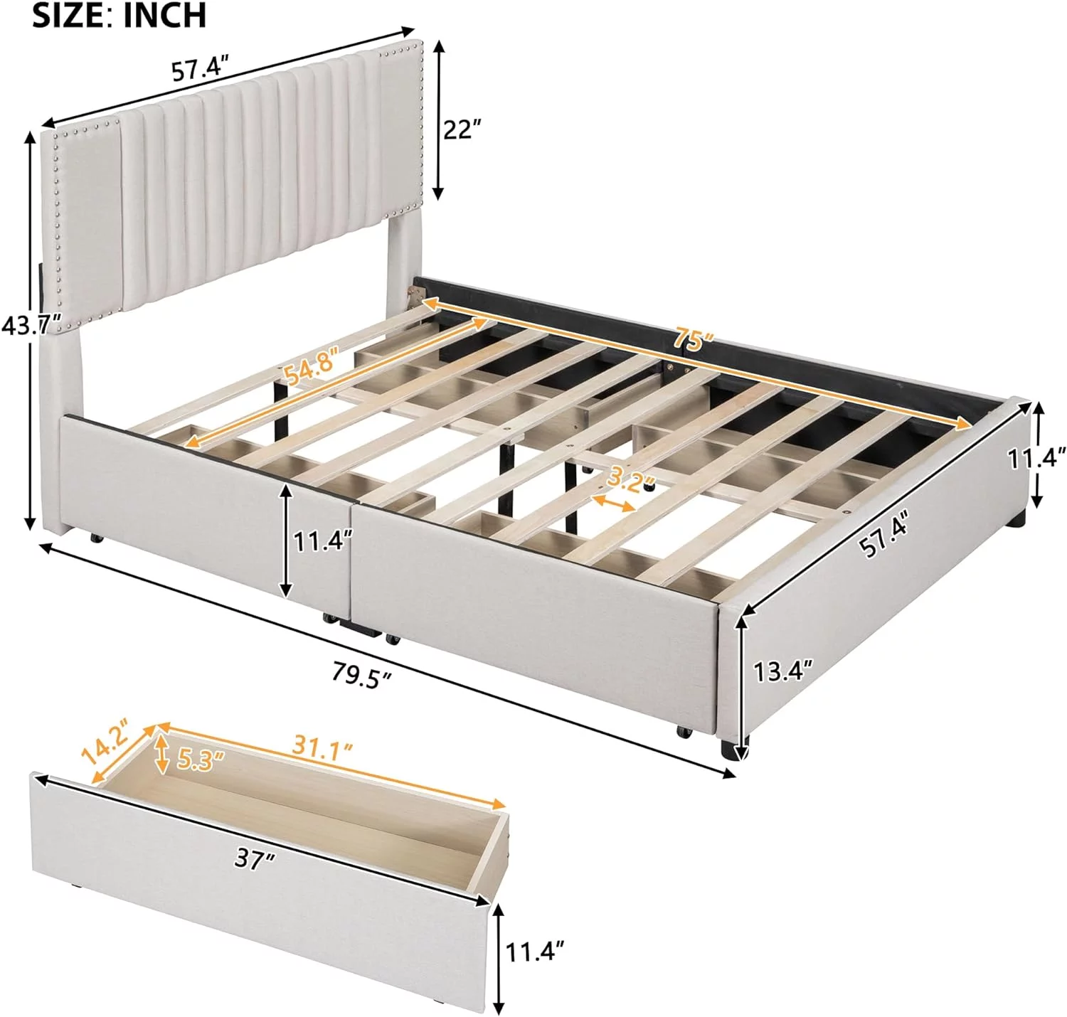 Full Bed With 4 Storage Drawers, Deluxe Upholstered Platform Bed With Headboard And Footboard, No Box Spring Needed/Easy Assembly (Full Size, Linen Beige)