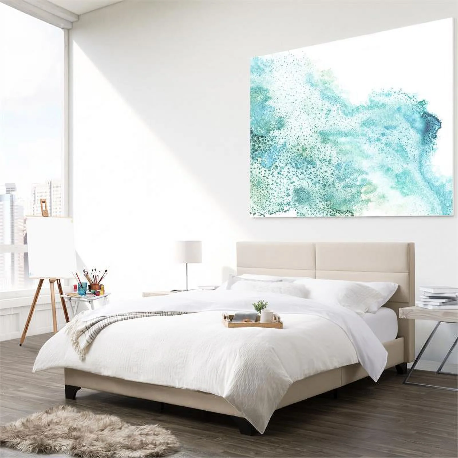 Atlin Designs Fabric Queen Bed Frame w/ Wide-Rectangle Panel Headboard in Cream