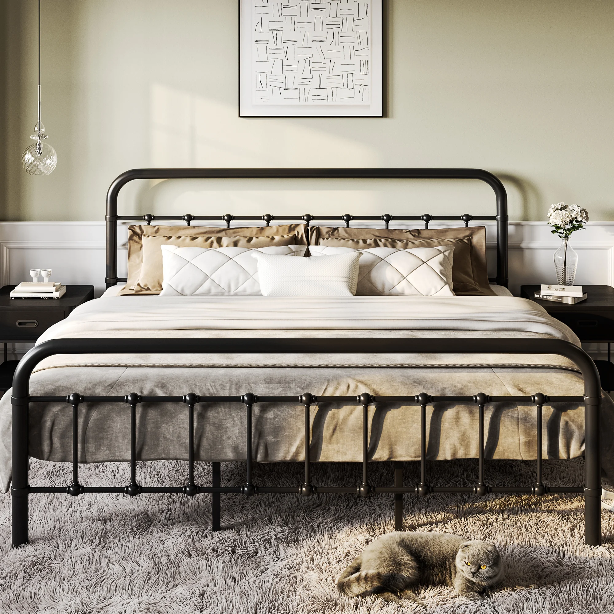 SHA CERLIN King Size Metal Platform Bed Frame with Victorian Vintage Headboard & Under-bed Storage, Black