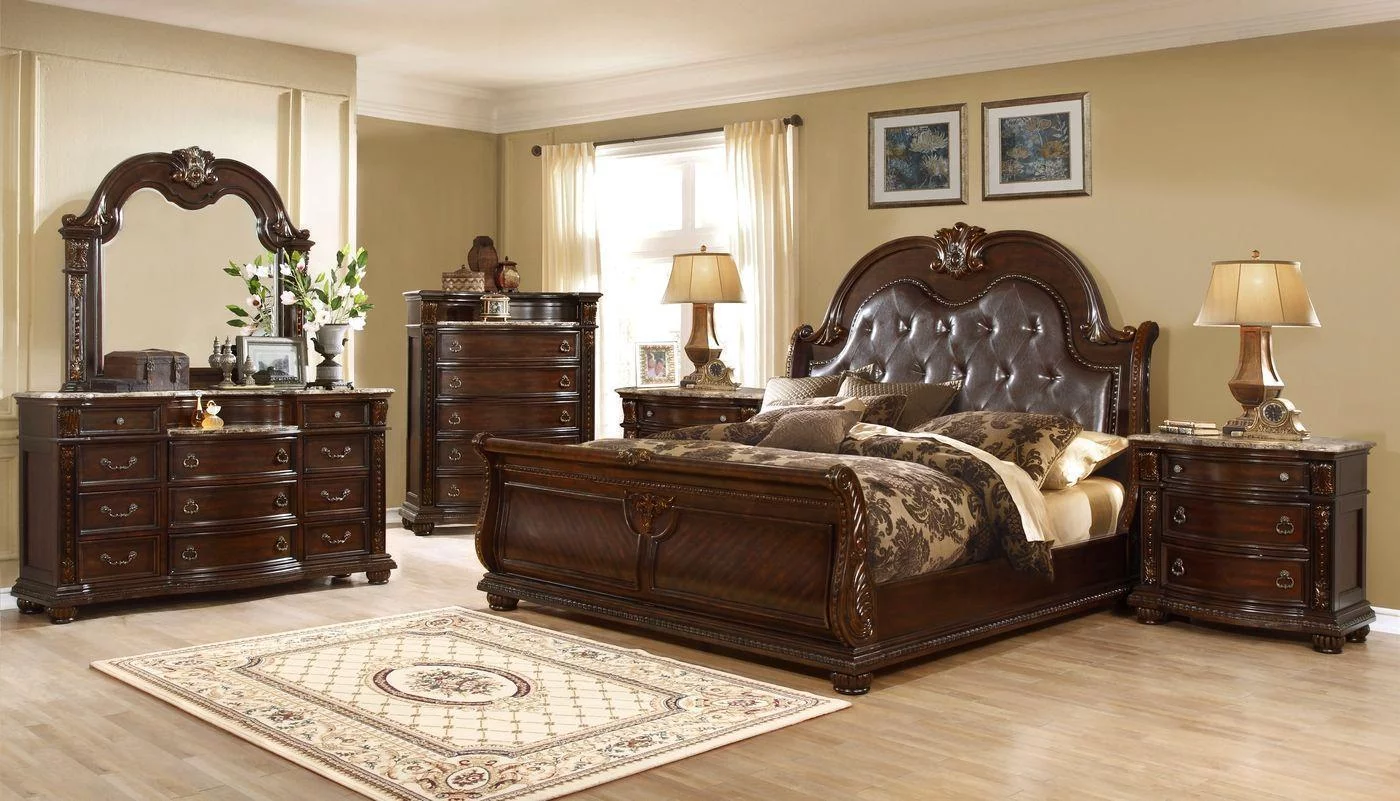 Dark Cherry Sleigh King Bedroom Set 6Pcs B9505 Mcferran Classic Traditional
