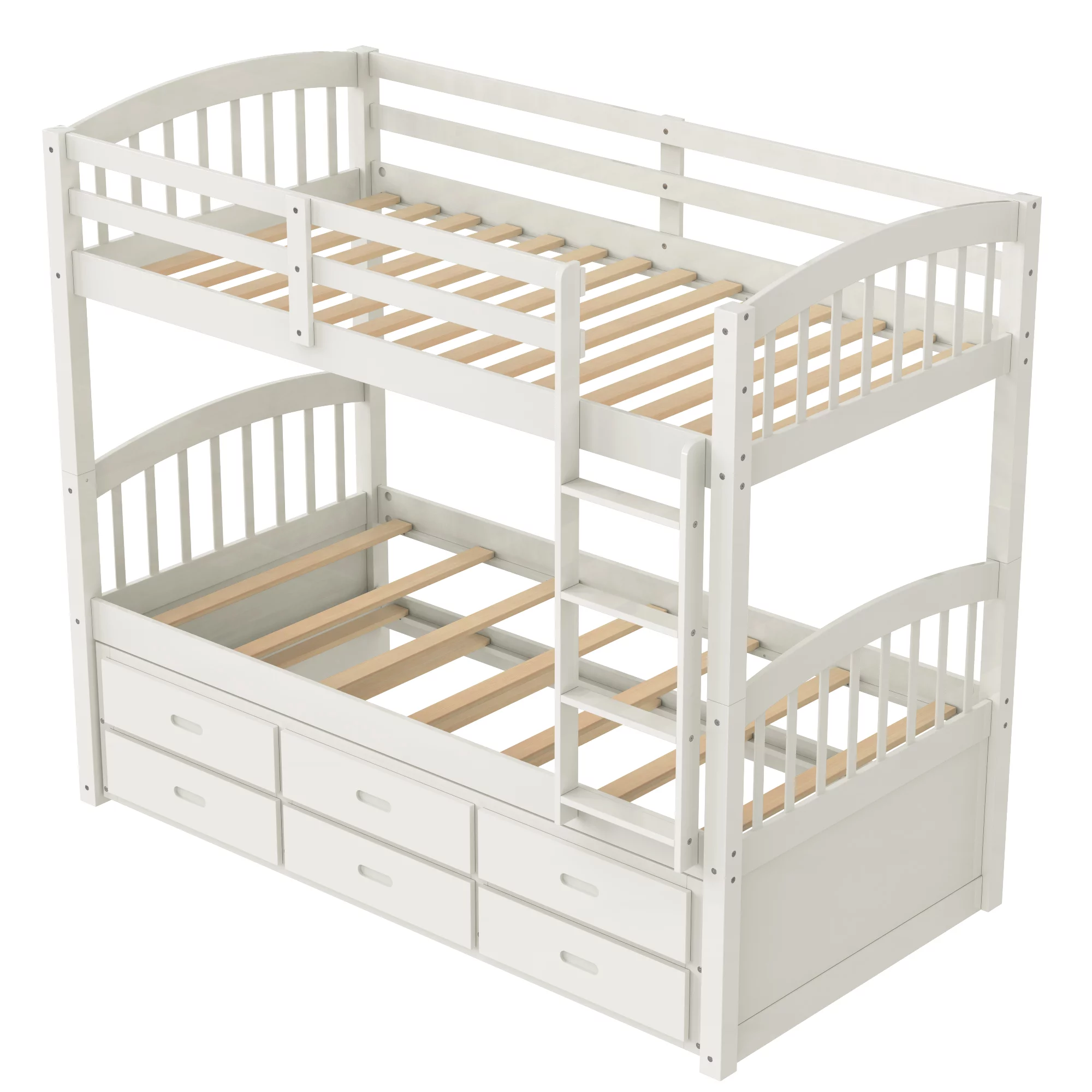 Nestfair White Twin over Twin Wood Bunk Bed with Trundle and Drawers