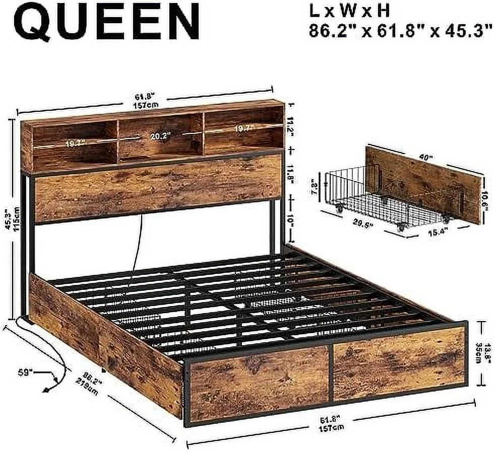 KHBIULIFE Queen Bed Frame with 4 Drawers & Bookcase Headboard & Charging Station Sturdy and No Noise Platform Bed No Box Spring Needed Easy Assembly Vintage Brown