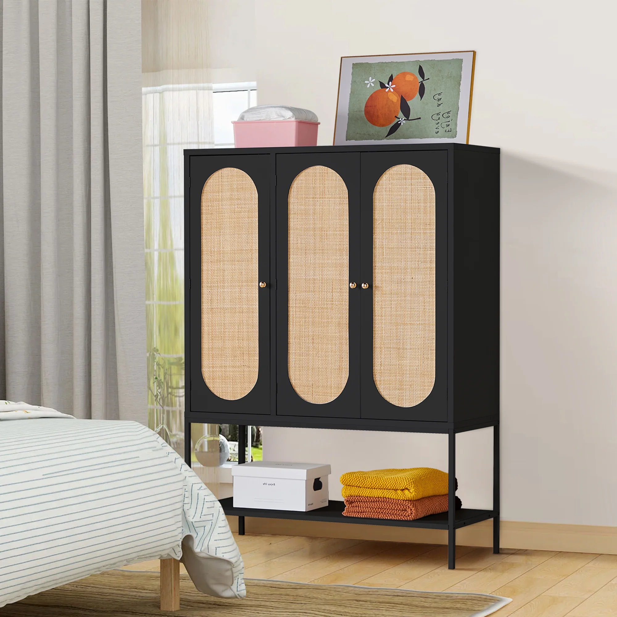 Giratree Wardrobe Closet with 3 Rattan Doors and Shelves Wooden, Closet Organizers and Storage Shelves with Hanger Rod, Black, 47.24