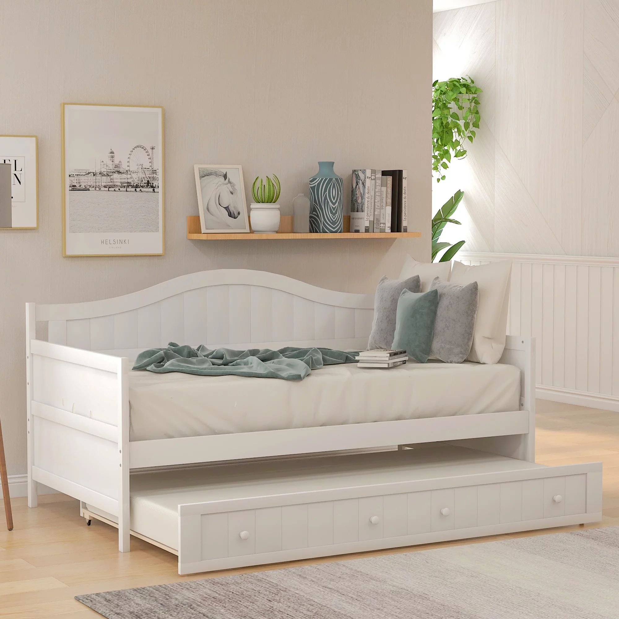 Abanopi Twin Wooden Daybed with Trundle Bed, Sofa Bed for Bedroom Living Room,White