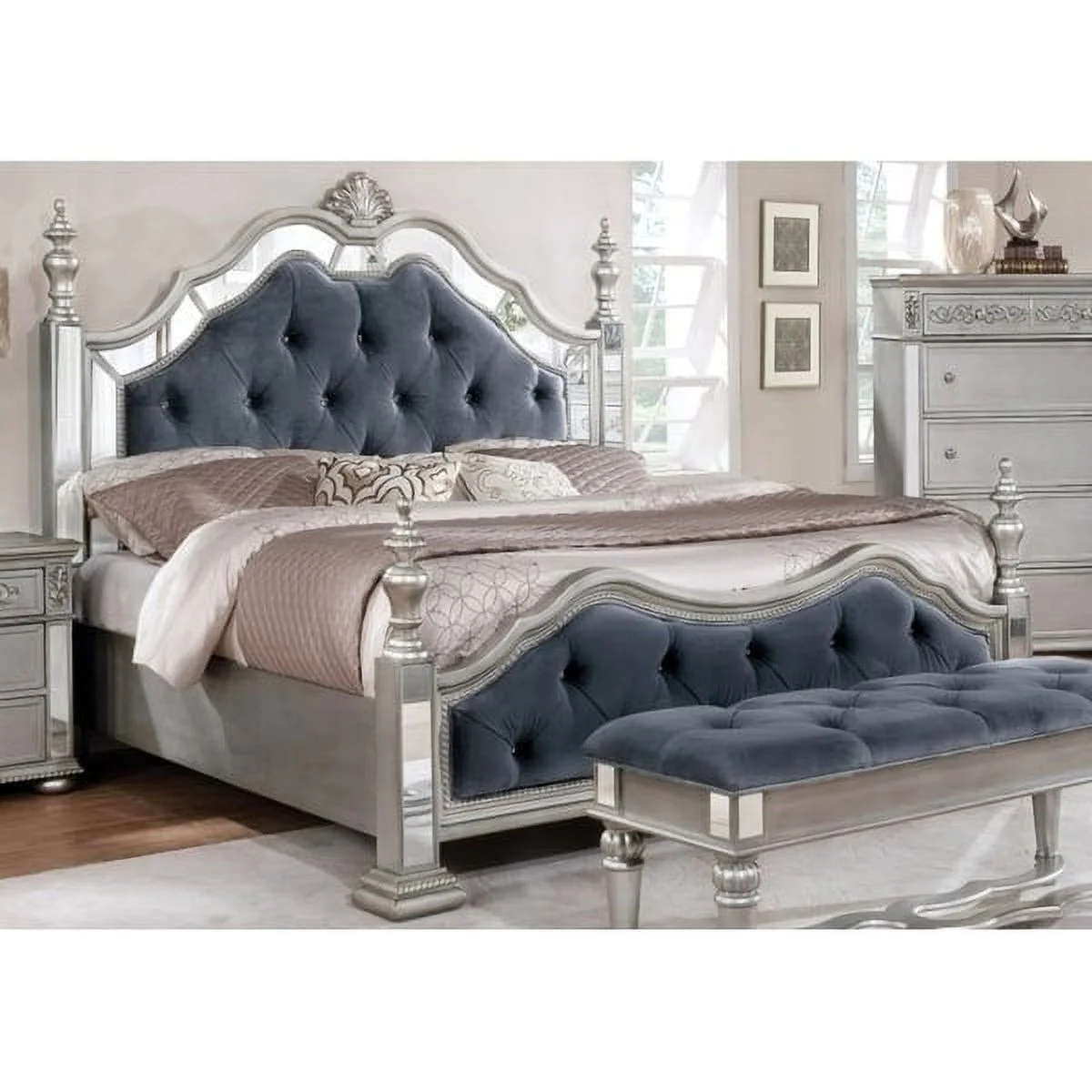 Silver Orchid  Heston Glam Grey Velvet Tufted Panel Bed Grey and Grey California King