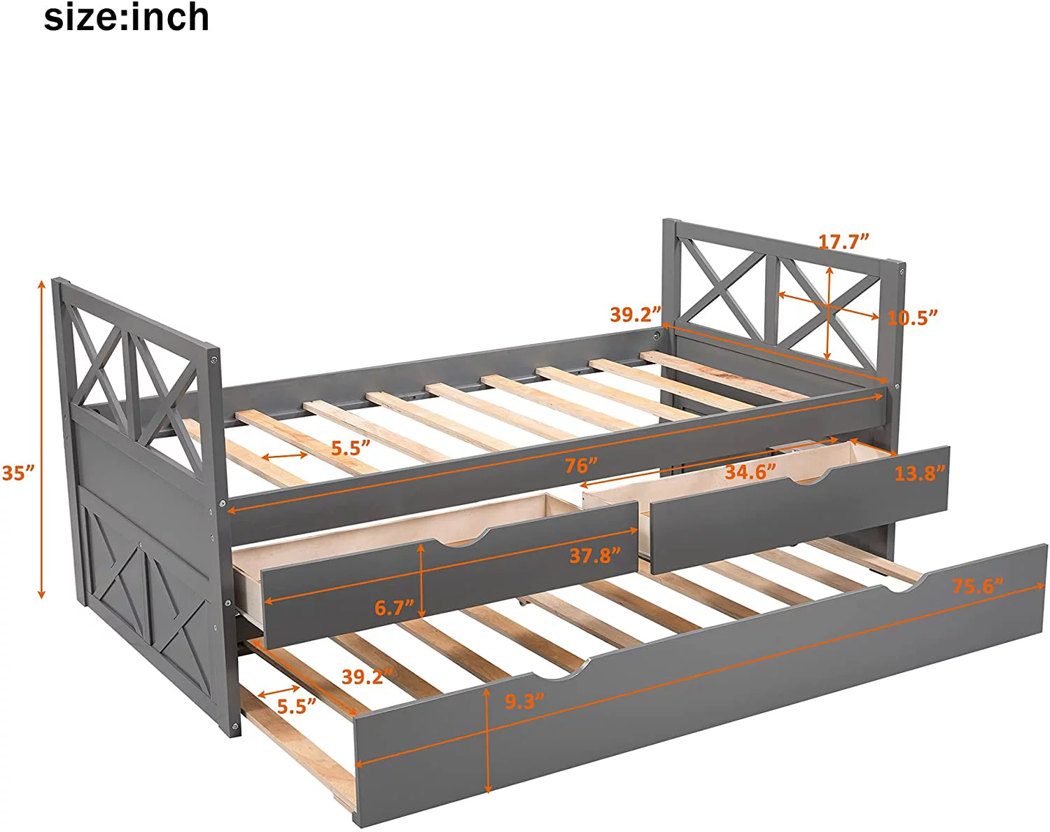 AngLink Twin Size Platform Storage Bed with Trundle, Multi-Functional Twin Daybed with 2 Storage Drawers (Grey)