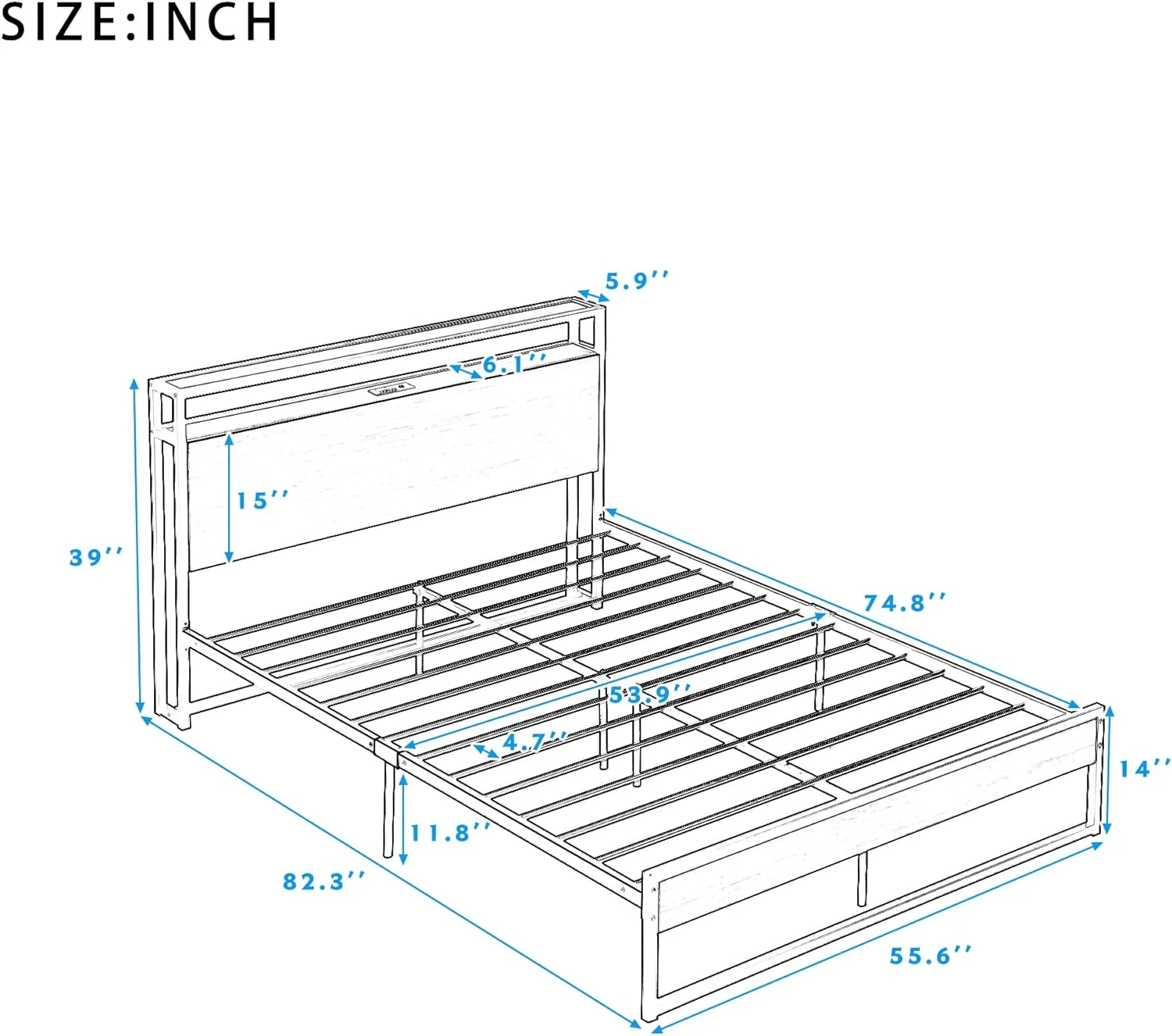 Full Size Platform Bed Frame With Headboard And Footboard, Metal And Wood Bed With Sockets And USB Ports