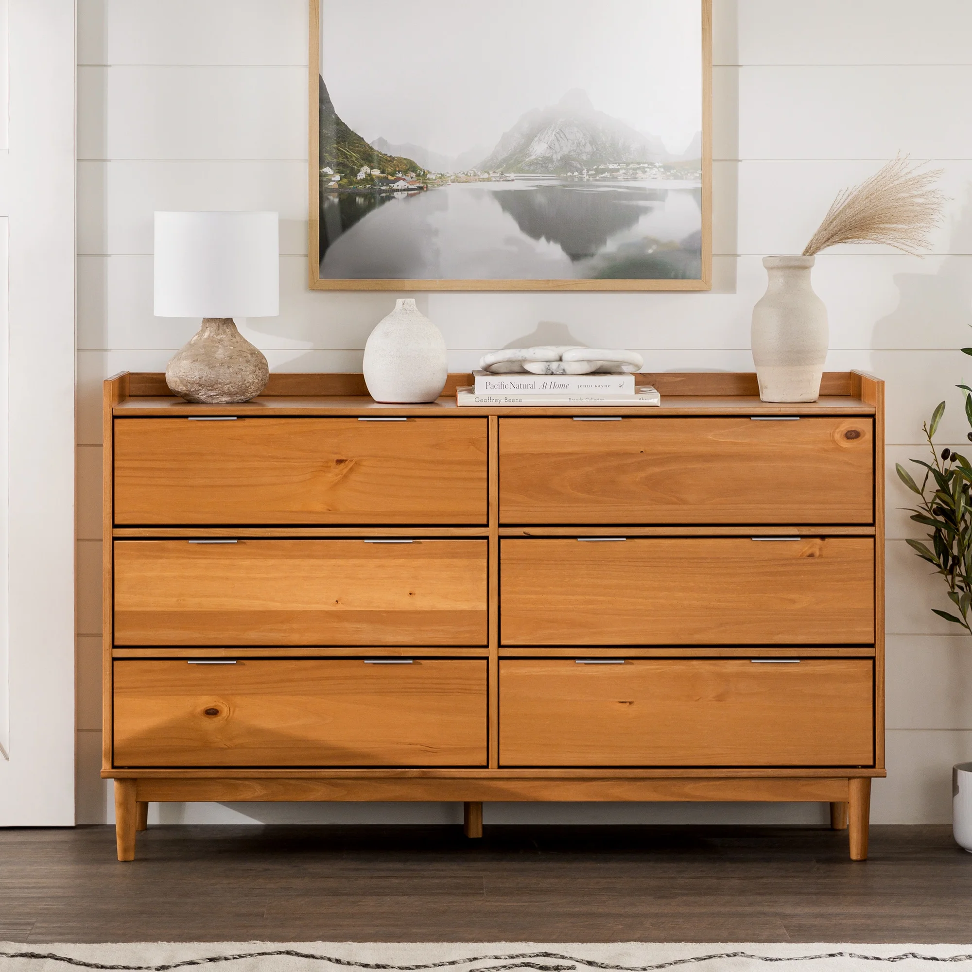 Walker Edison 55” Mid-Century Modern Gallery Top Solid Wood 6-Drawer Dresser, Caramel