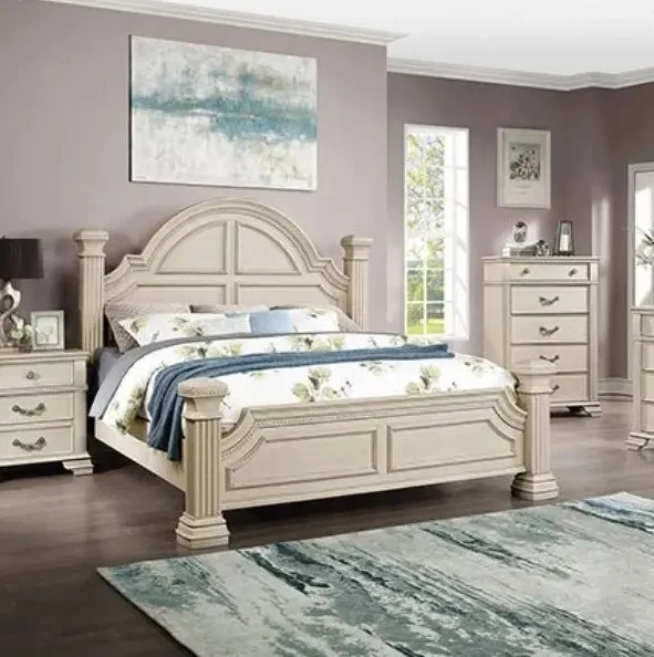 Traditional Style Eastern King Size Bed 1pc Antique White Posts Design Bedframe Unique Pattern Beds