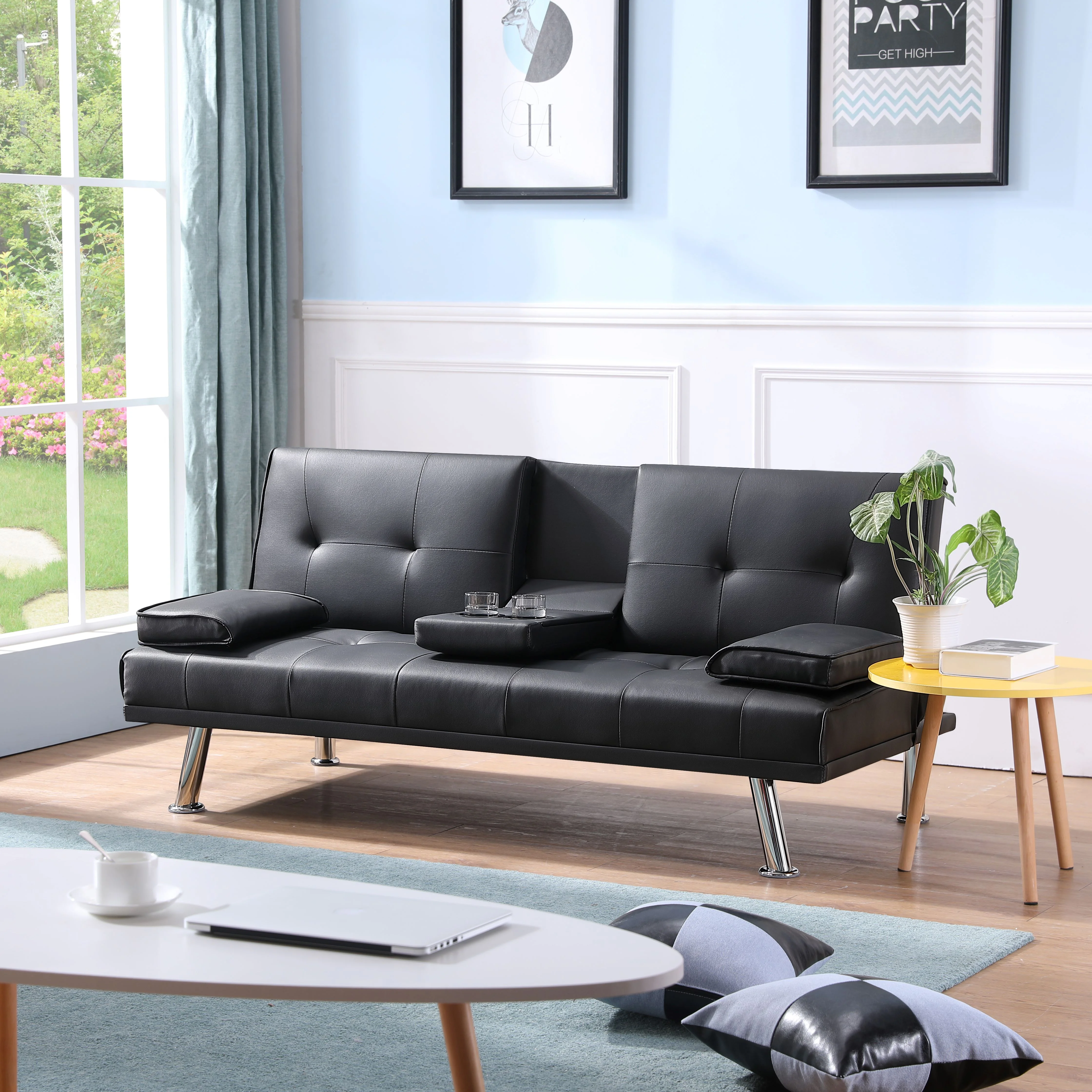 BMMB PU Leather Convertible Futon Sofa Bed Upholstered Modern Sleeper Couch 2 Cup Holders Adult