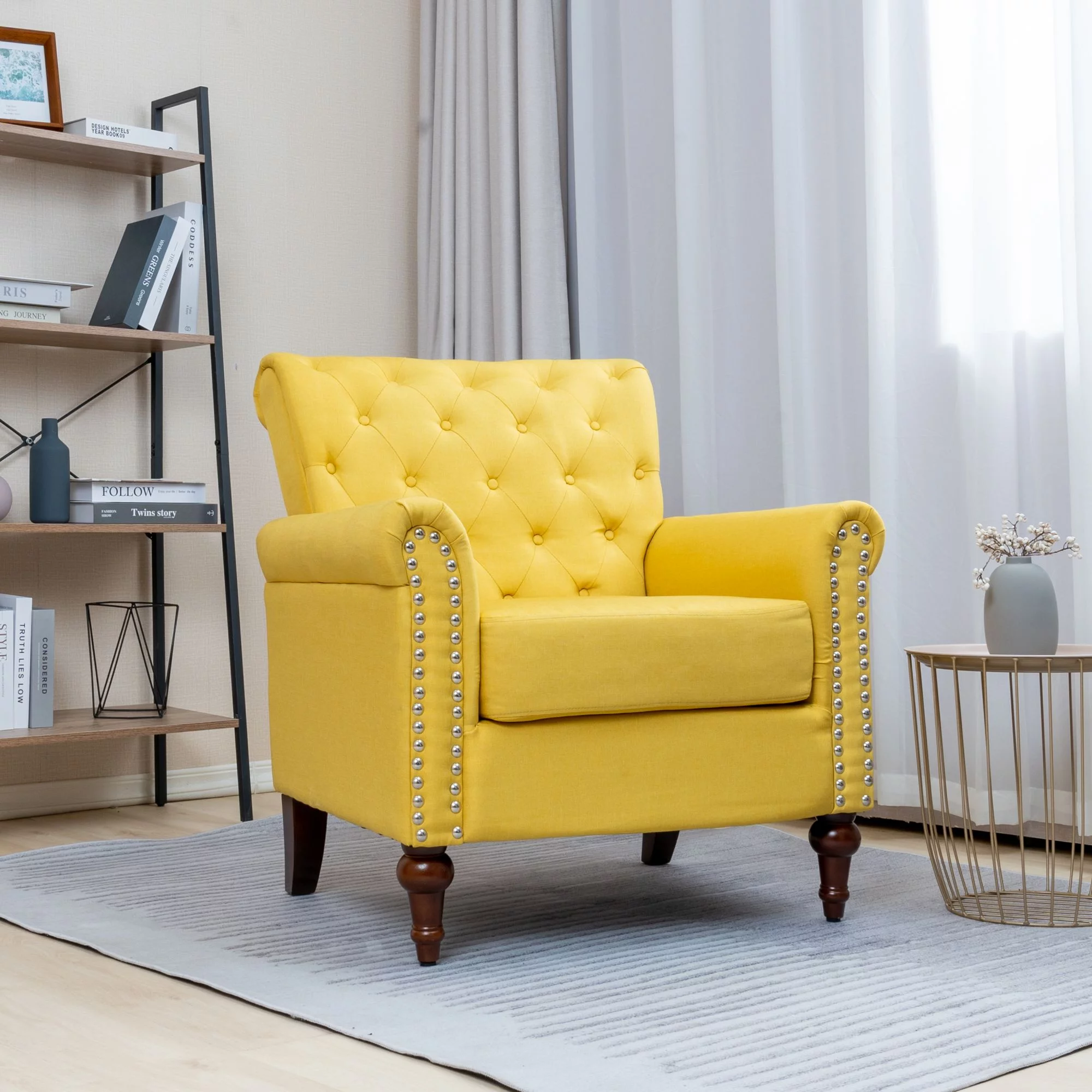 Living Room Chairs Modern Accent Linen Fabric Arm Chair Comfy Upholstered Tufted Club Single Sofa Yellow