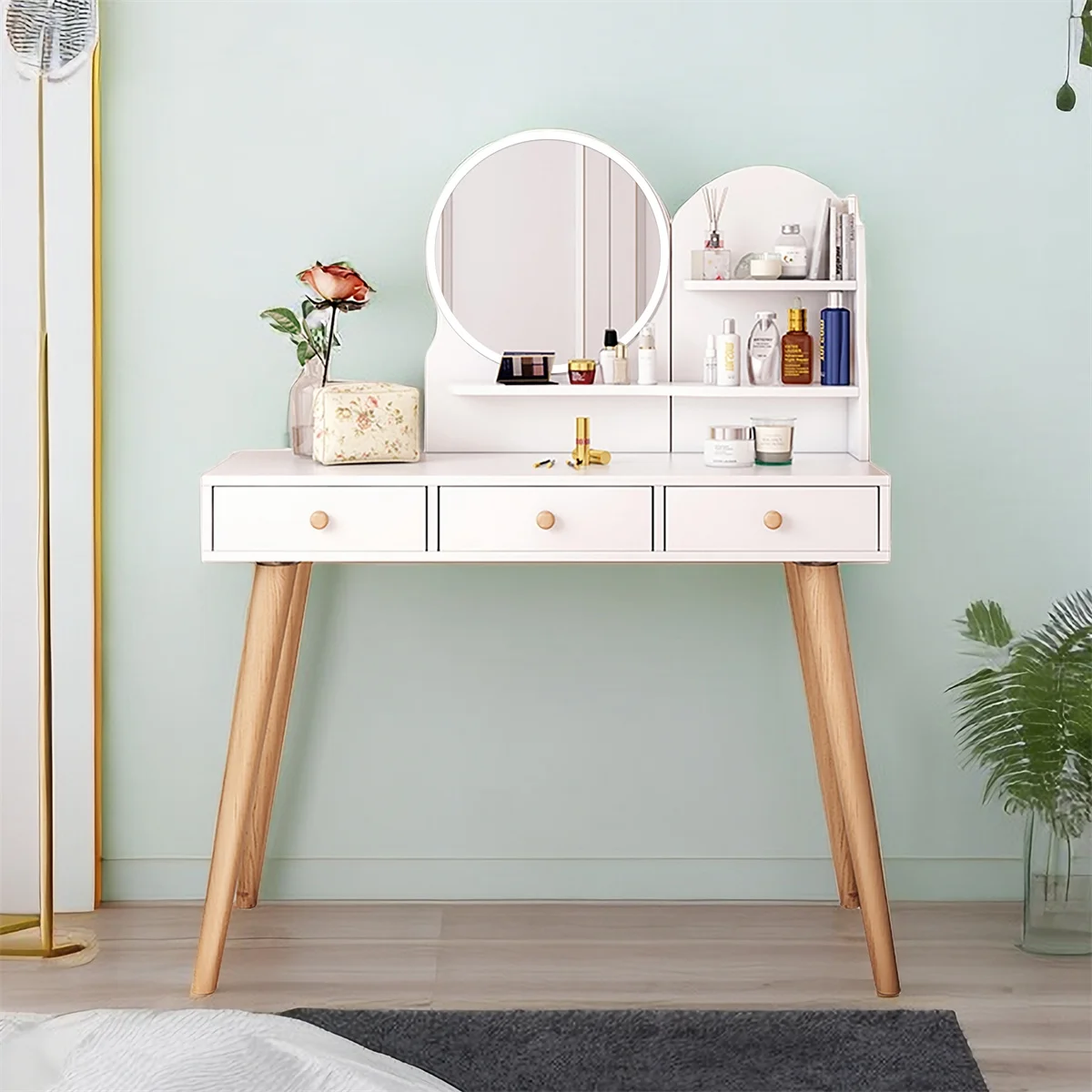 Vanity Set Desk Table with Lights & 3 Charging Colors & Modern Makeup Vanity Desk Dressing Table with 3 Drawers for Bedroom