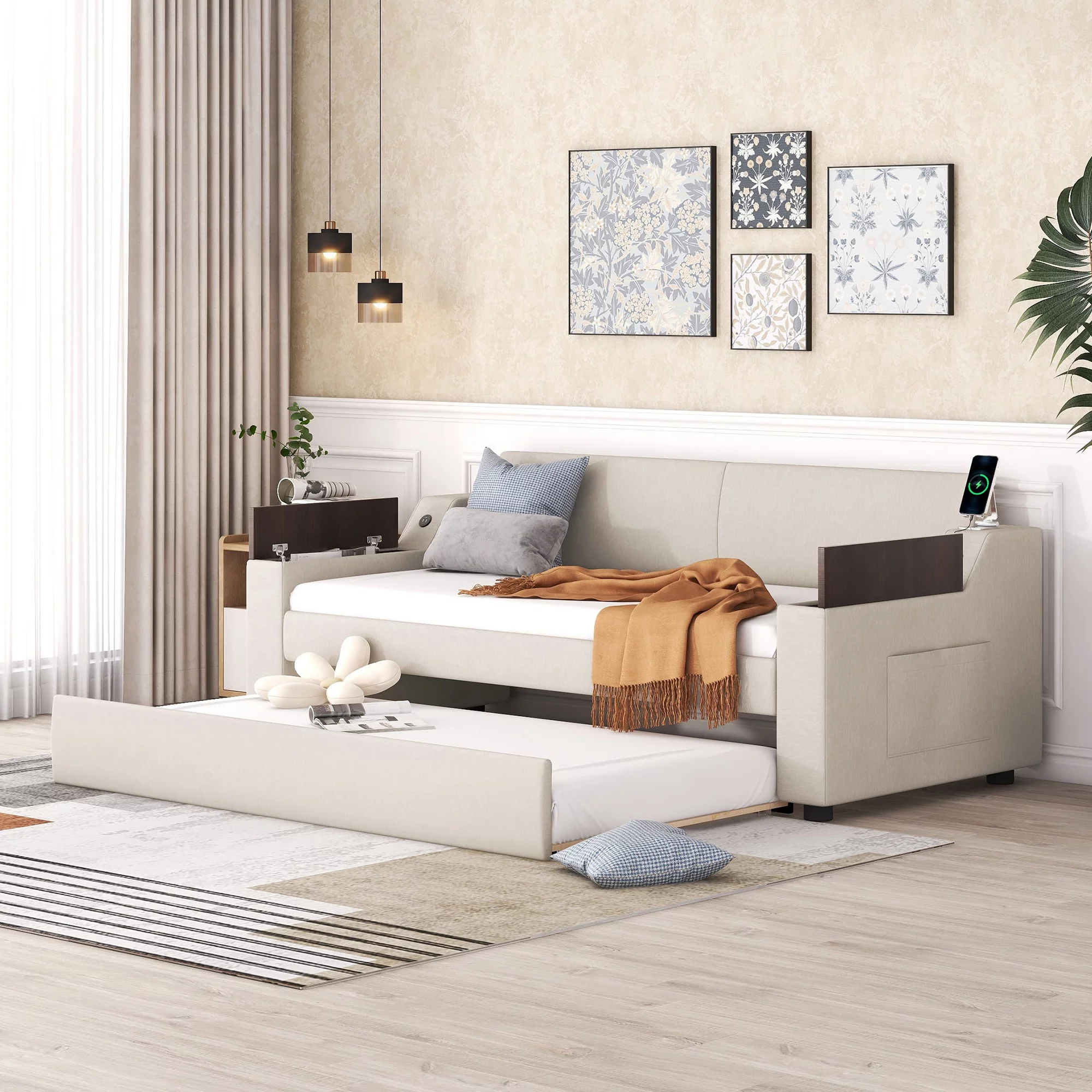 Churanty Upholstery Twin Size Daybed with Storage Arms and Trundle,Wood Twin Sofa Bed Frame with Charging Station & USB Ports,Beige
