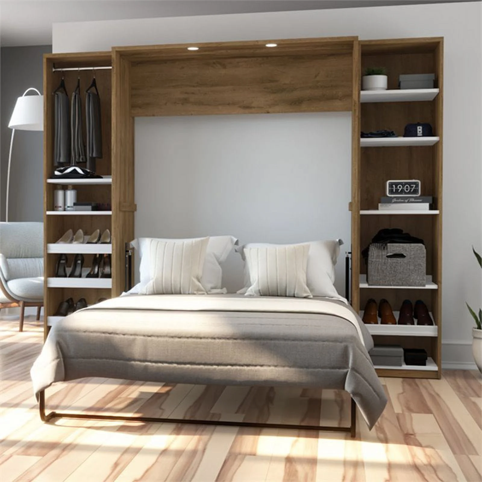 Atlin Designs Wood Full Murphy Bed with Narrow Storage in Rustic Brown/White