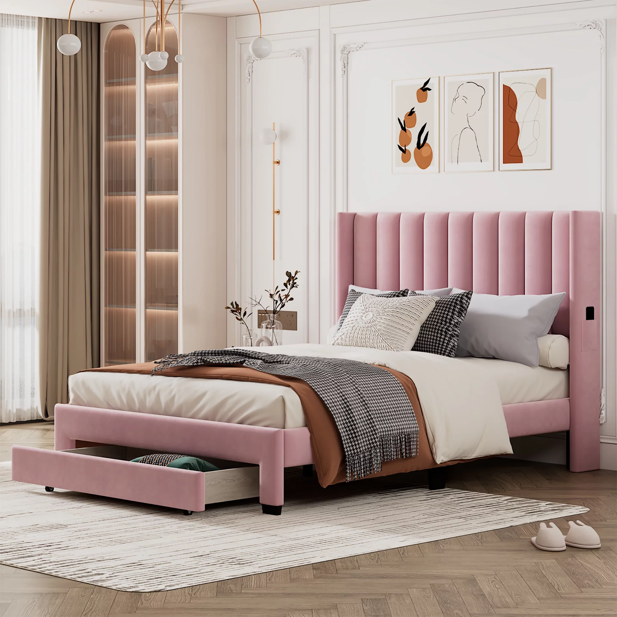Morden Velvet Upholstered Bed Frame with Upholstered Headboard No Box Spring Needed Wood Low Profile Platform Bed with a Big Drawer, Easy Assembly (Pink,Queen)