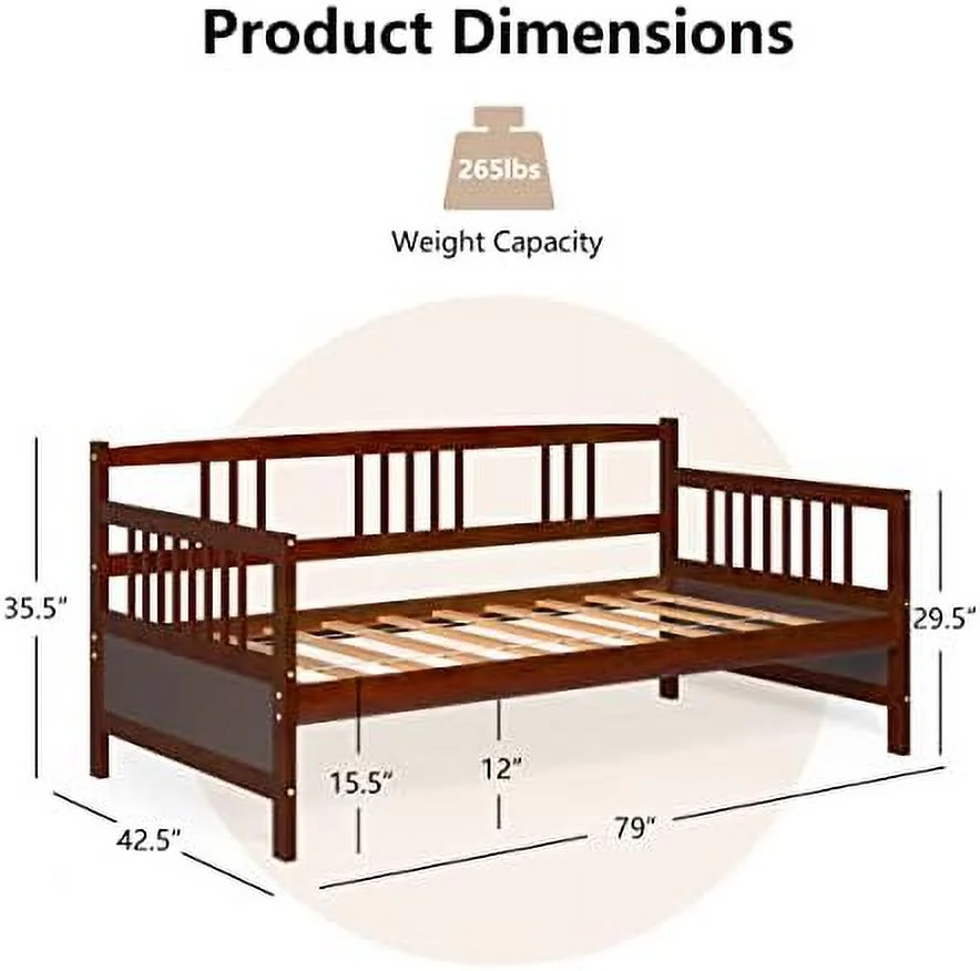TJUNBOLIFE Twin Daybed Frame Wooden Sofa Bed Guest Bed with Rails Platform Bed Frame Twin Size for Living Room Bedroom (White)