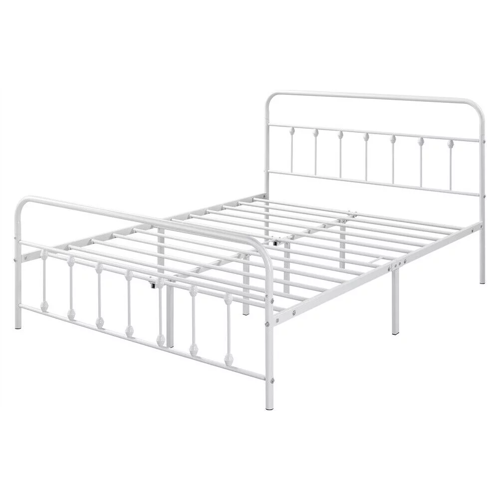 Queen Size Metal Bed Frame Classic Iron W/ Headboard Footboard, White