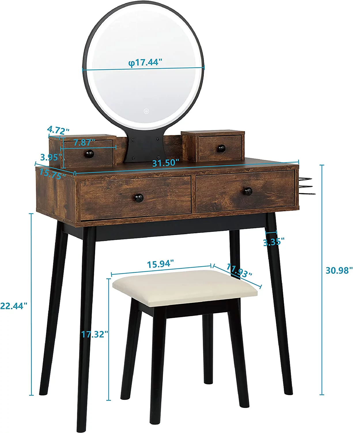 Vanity Desk, Makeup Table with Mirror and Lights, Makeup Vanity Set with Touch Control Lighted Mirror, Dresser with White Stool Chair and 4 Drawers,31 Inch Dressing Table with LED Lights for