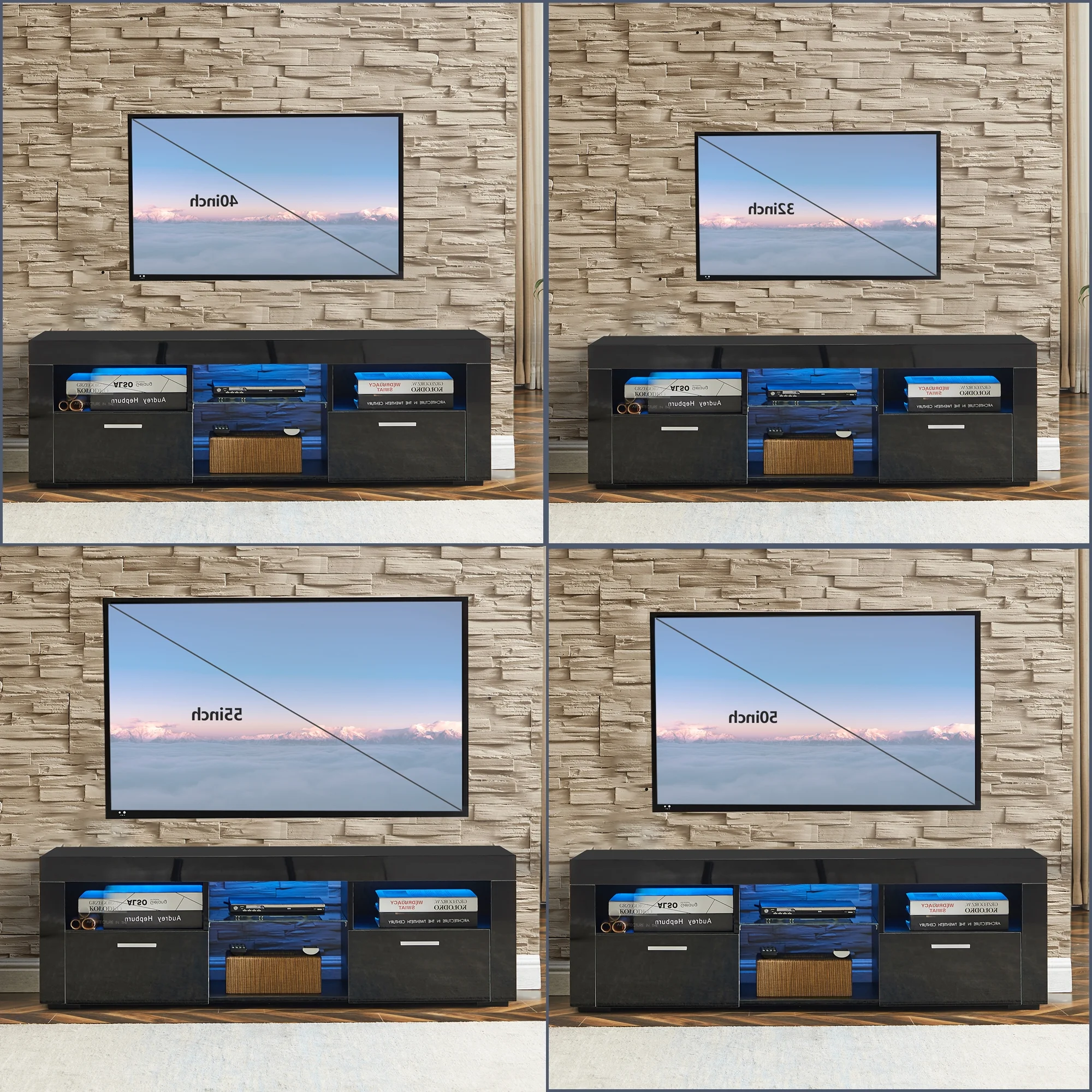 Morden TV Stand with LED Lights,high Glossy Front TV Cabinet,can be Assembled in Lounge Room, Living Room or Bedroom (Black)