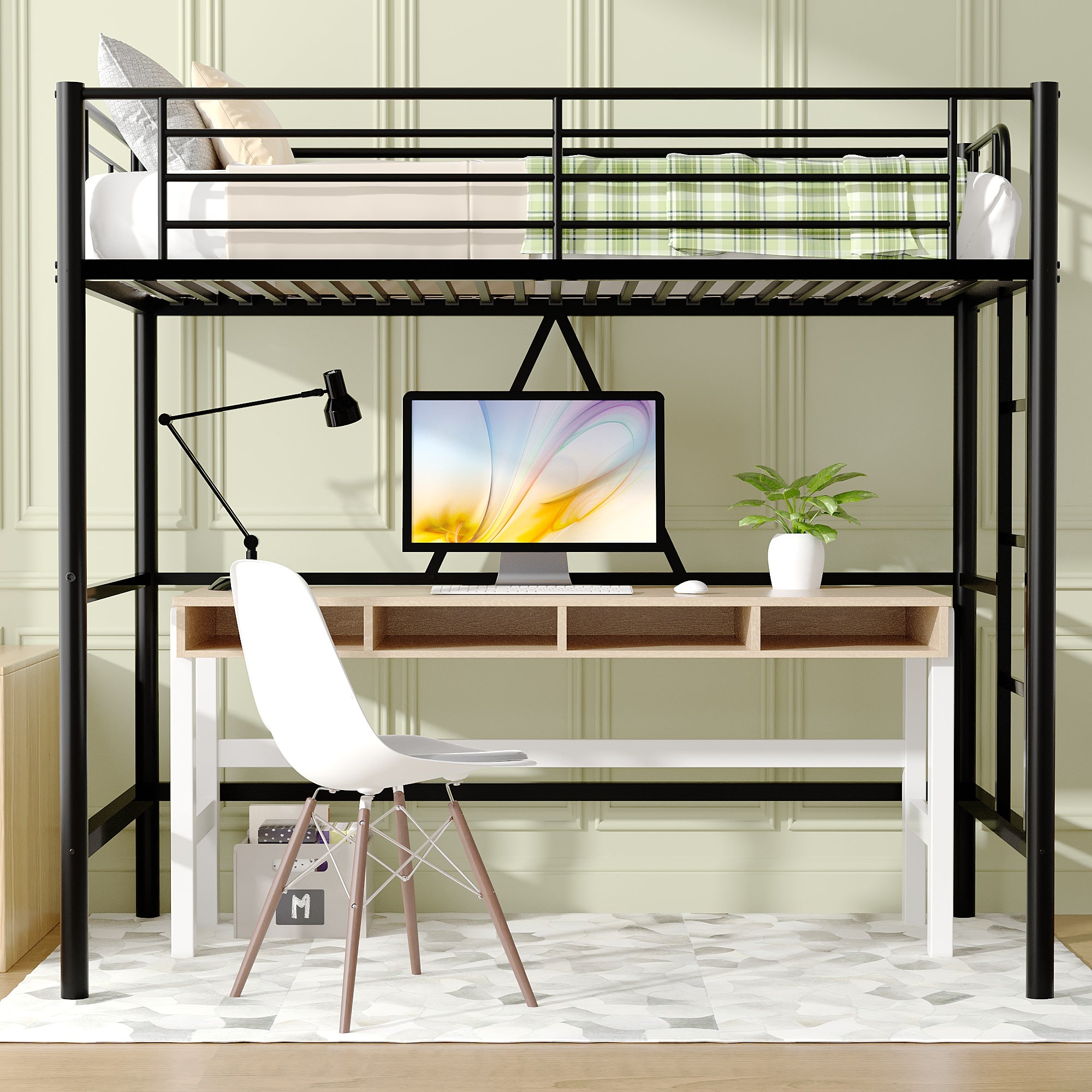 VECELO Metal Twin Size Loft Bed Frame with Stairs & Full-Length Guardrail, Loft Bed for Bedroom, Space-Saving Design, No Box Spring Needed, Black
