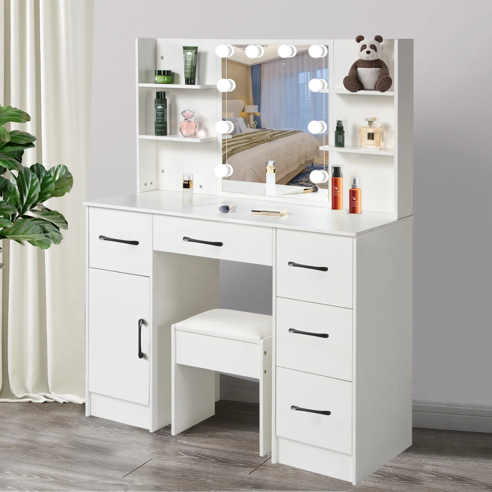 JBLCC Vanity Set with 10 Light Bulbs, Modern Makeup Table with Stool, 4 Shelves & 5 Drawers, Dressing Table Dresser Desk for Women Girls Bedroom, White
