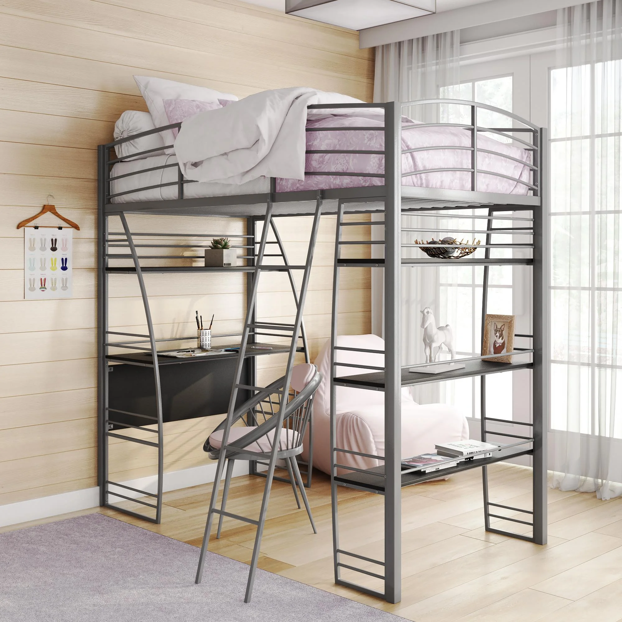 DHP Sage Studio Twin Metal Loft Bed with Integrated Desk and Shelves, Silver