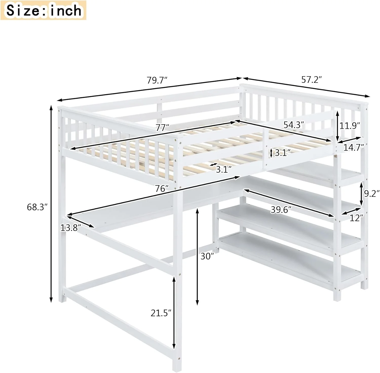 Full Size Loft Bed With Desk Ad Storage Shelves, Solid Wood Loft Bed Frame With Bookshelves, Ladder Ad Guardrail For Kids Tees Adults - White