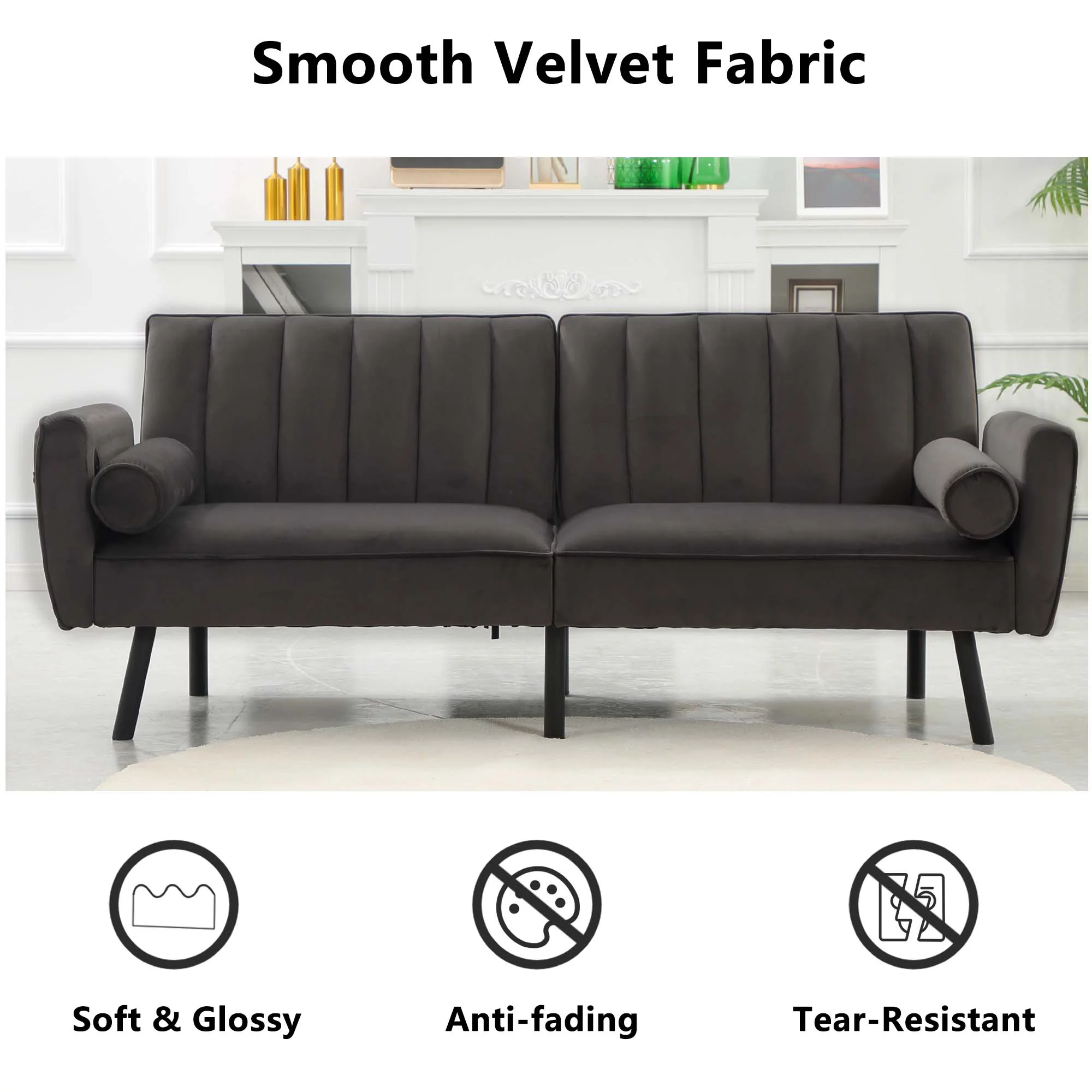 Duraspace Futon Sofa Bed Couch with Usb Side Pocket Adjustable Back for Living room, Charcoal Gray
