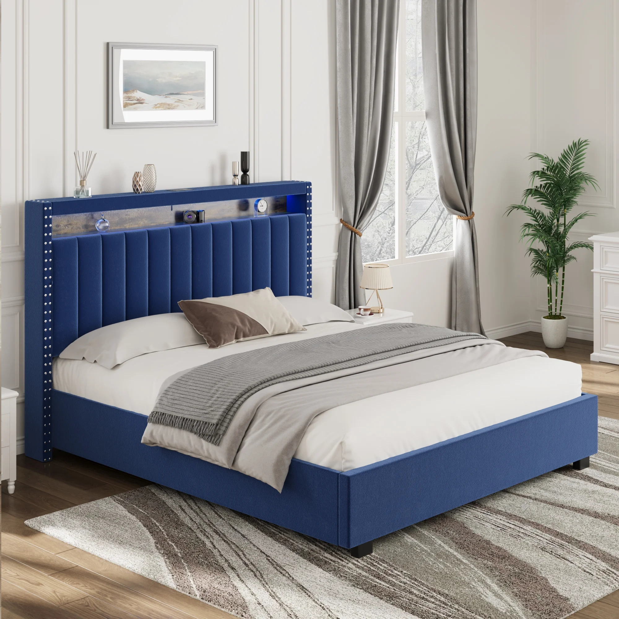 Luxury Gas Lift Storage Bed with RF LED Lights, Storage Headboard ,QUEEN Size ,Velvet Blue