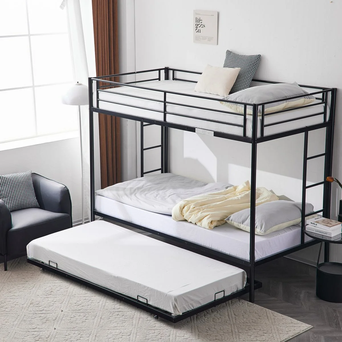 Fithood Twin Over Twin Bunk Bed with Trundle, Triple Bunk Beds for Kids Teens Adults, Metal Bunk Bed with Two Side Ladder and Guardrails, Black