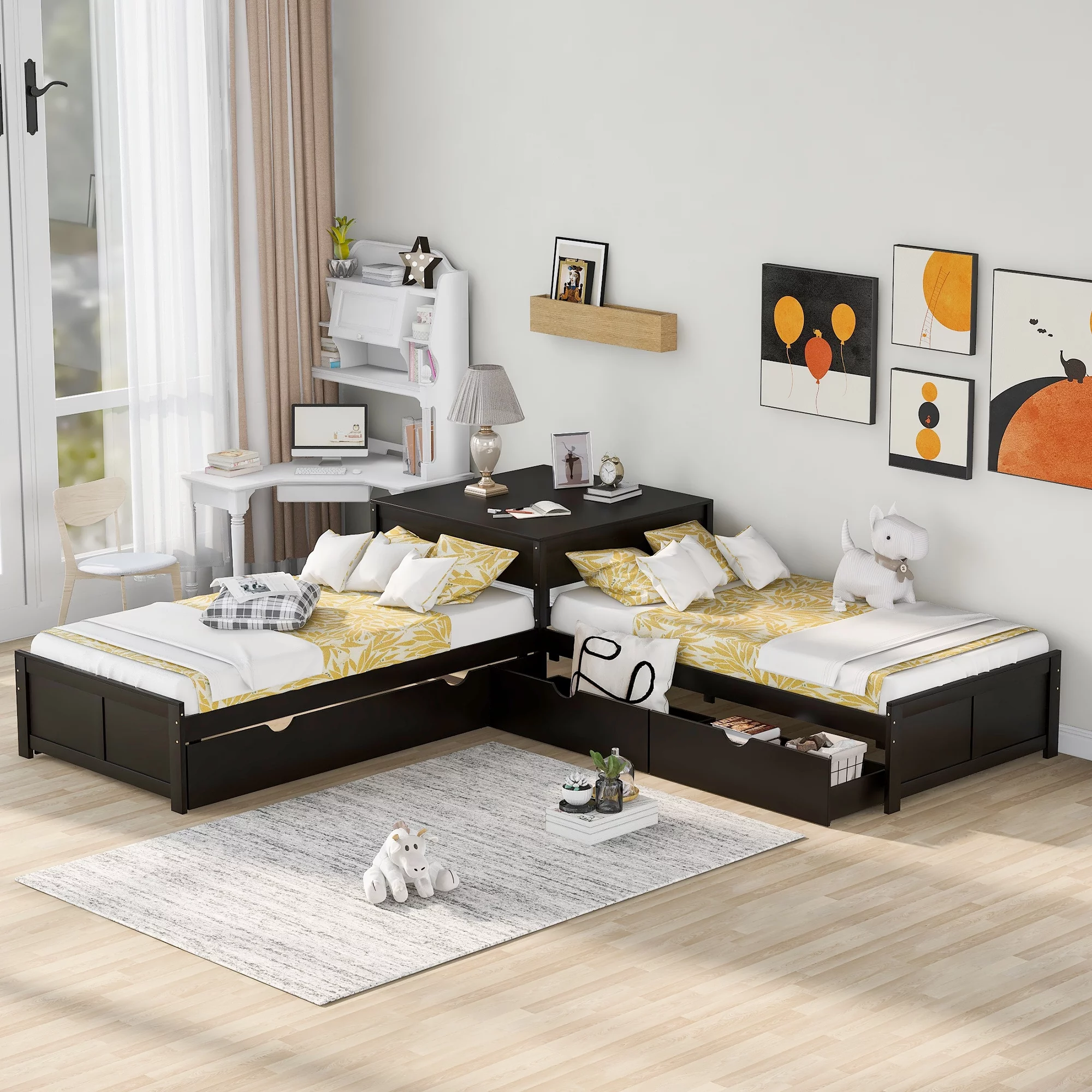 Euroco Pine Wood L-Shaped Twin Platform Bed with Trundle, 3 Beds in One for Bedroom, Trundle Bed with Drawers and Built-in Desk, Espresso