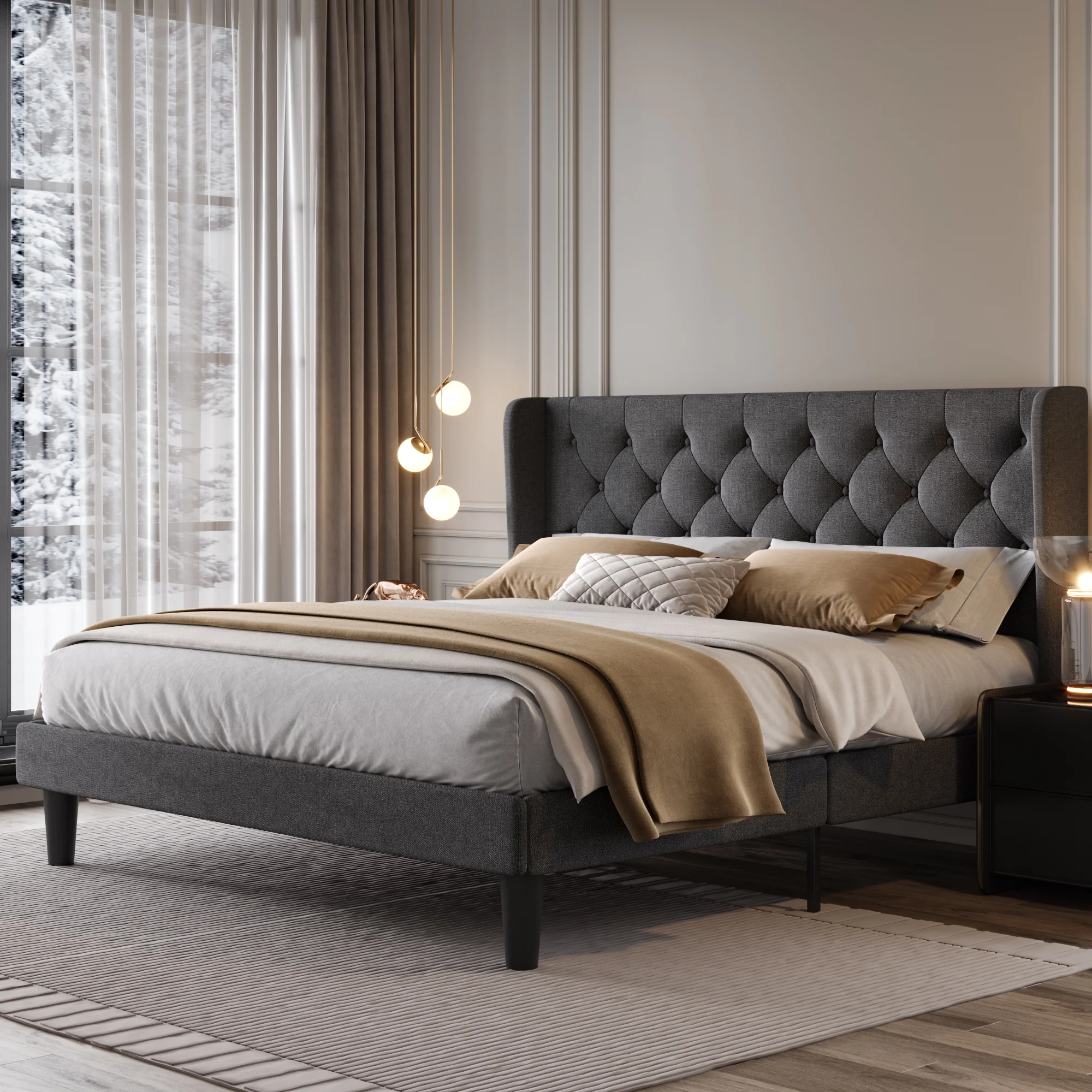SHA CERLIN King Size Platform Bed Frame with Fabric Wingback&Tufted Upholstered Headboard, Dark Grey