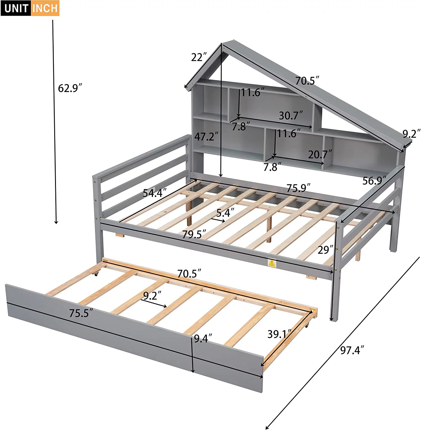 Full Size Platform Bed With Trundle, Full Bed Frame With House Shape Headboard & Storage Shelves Wood Daybed Captain Beds With Slats Support For Kids Boys Girls Teens, No Box Spring Needed (Grey)
