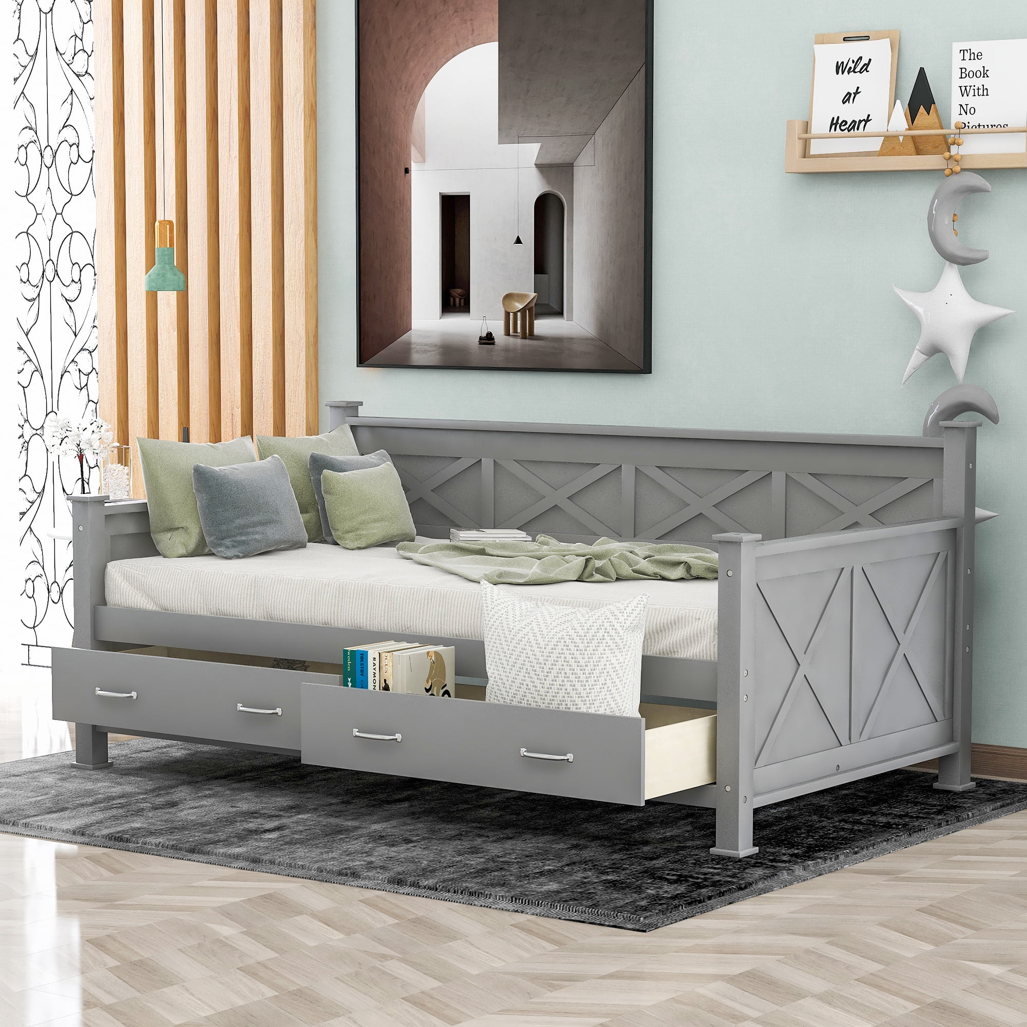 Churanty Wooden Twin Daybed with 2 Storage Drawers,Modern and Rustic Casual Style Daybed Frame for Bedroom Living Room Guest Room, Gray