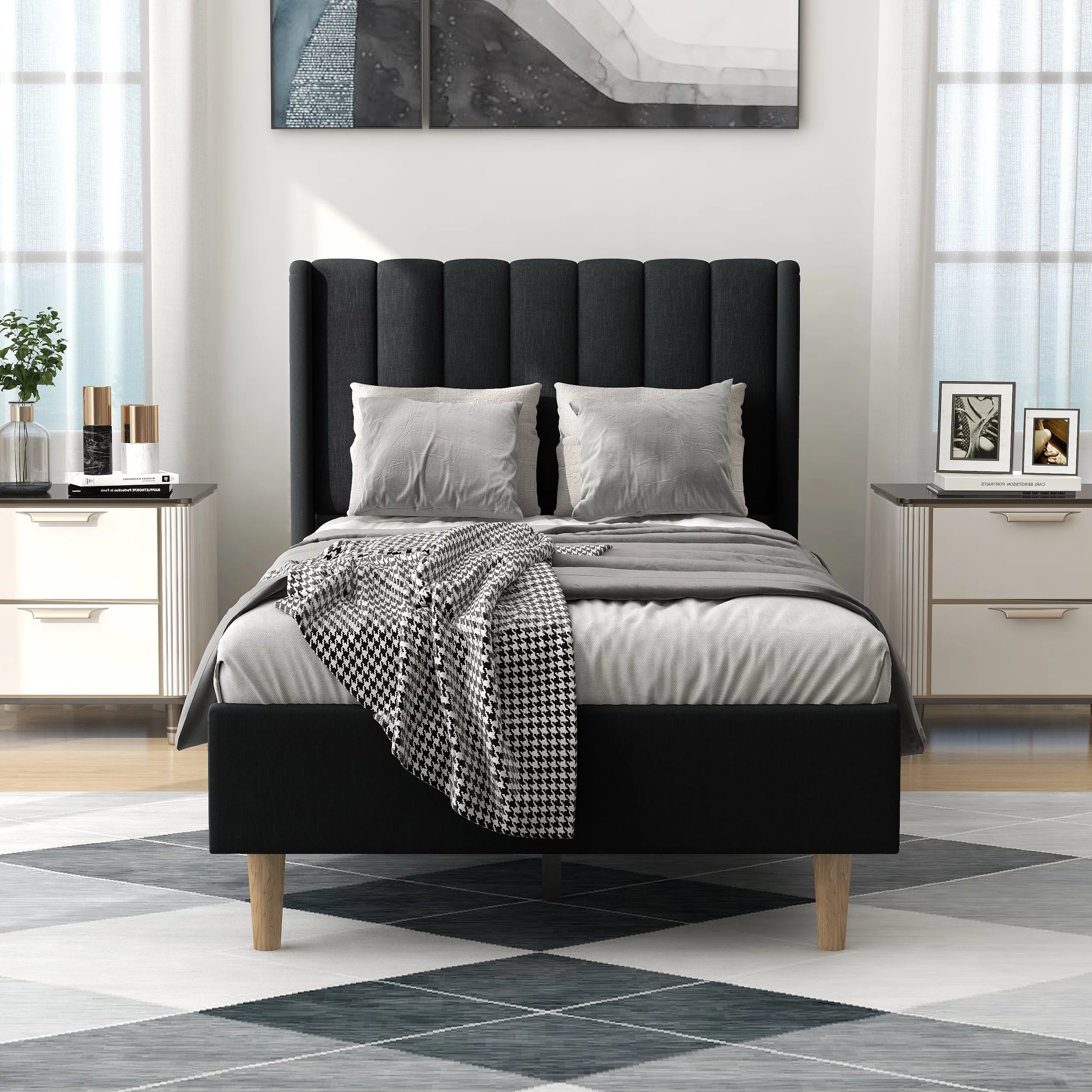 alazyhome Twin Size Upholstered Platform Bed Frame, Easy Assemble, Black