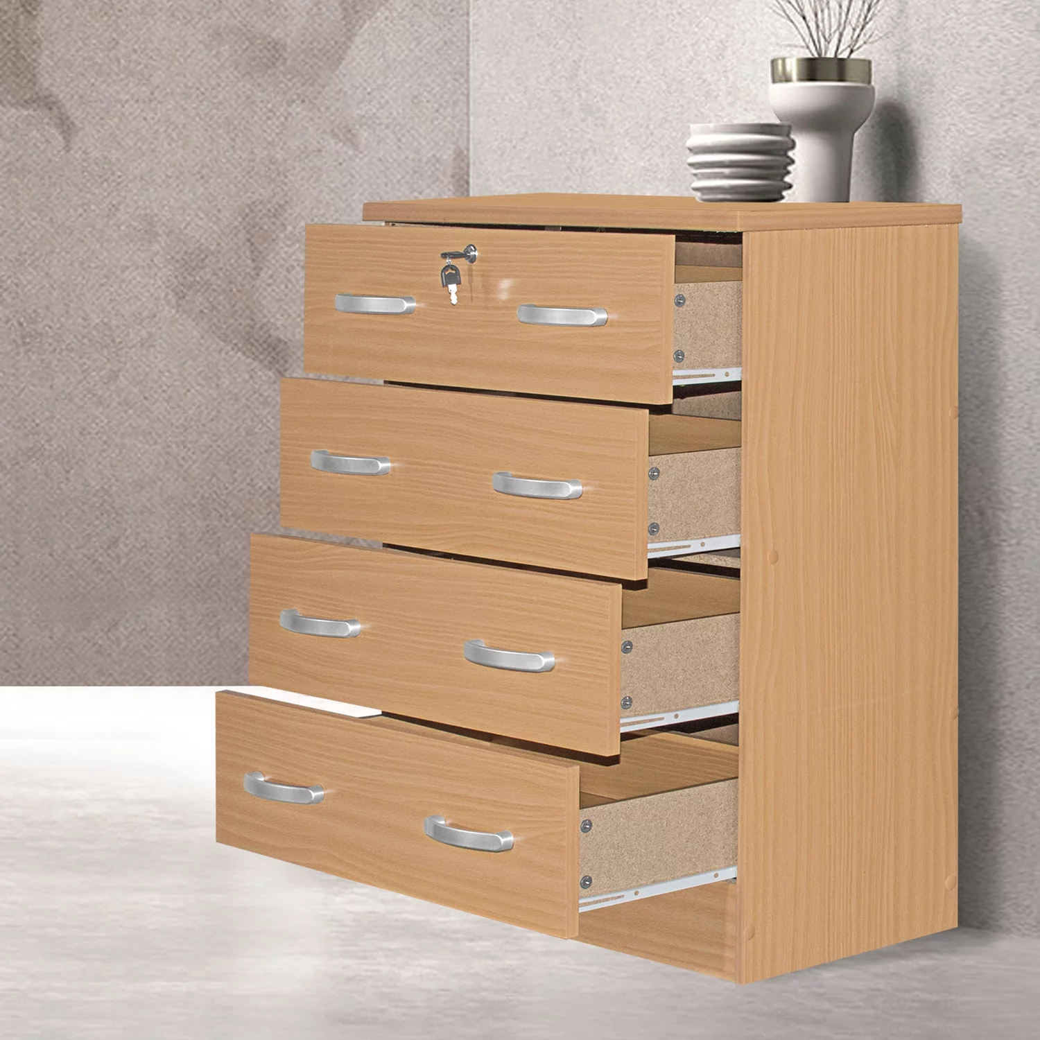 Better Home Products 4 Drawer Chest Dresser Wooden Storage Unit with Lock