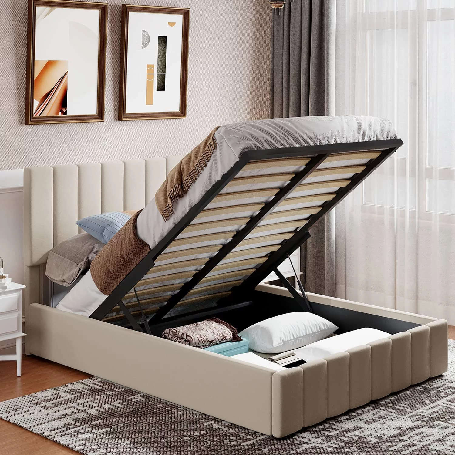 Lift Up Storage Bed Full Size Upholstered Bed With Tufted Headboard And Storage Underneath, Wooden Platform Bed Frame For Kids Teens Adults (Full Size, Beige)