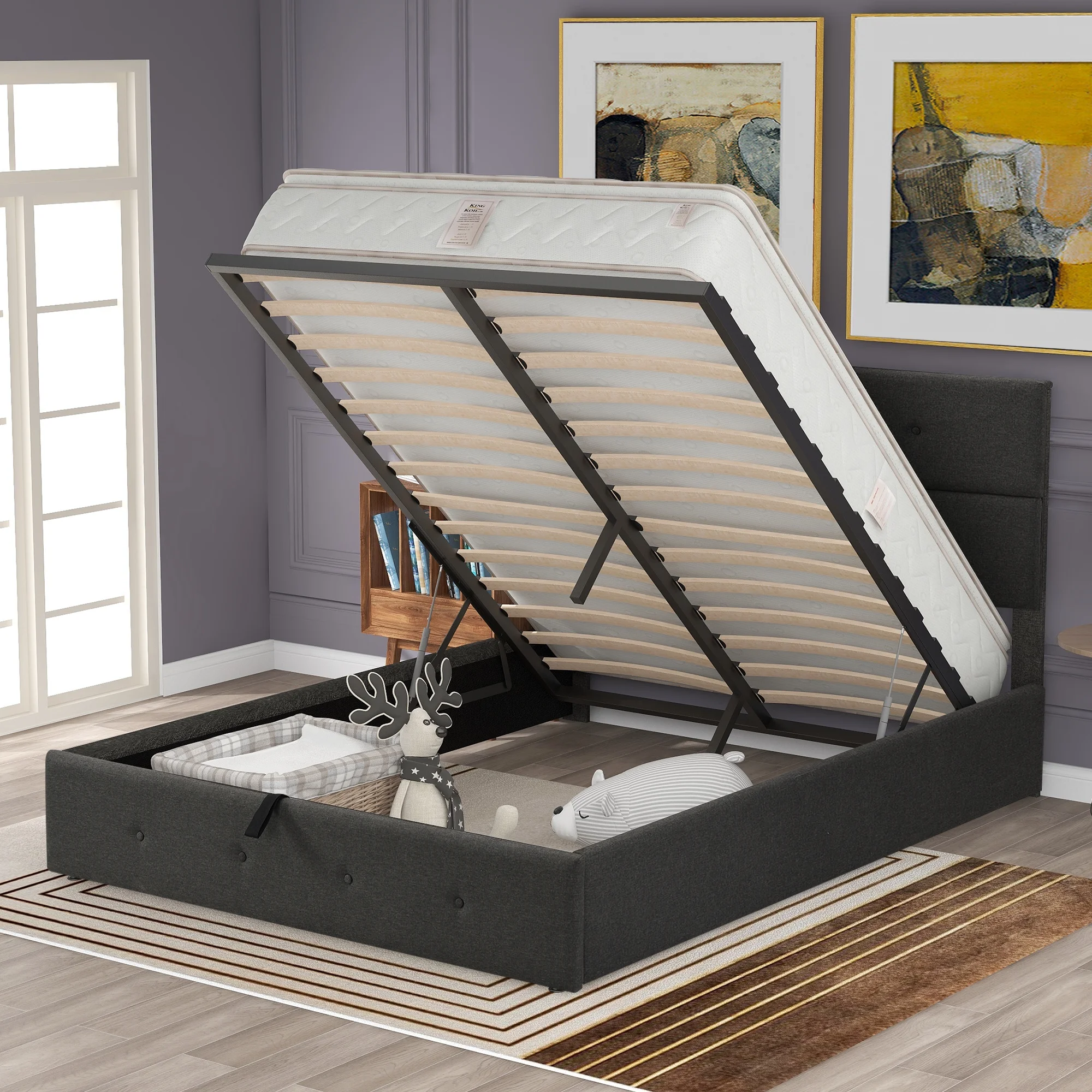 Euroco Upholstered Platform Bed, Queen Size Bed with Hydraulic Underneath Storage, Lift Up Bed, No Box Spring Needed & Easy Assembly, Gray