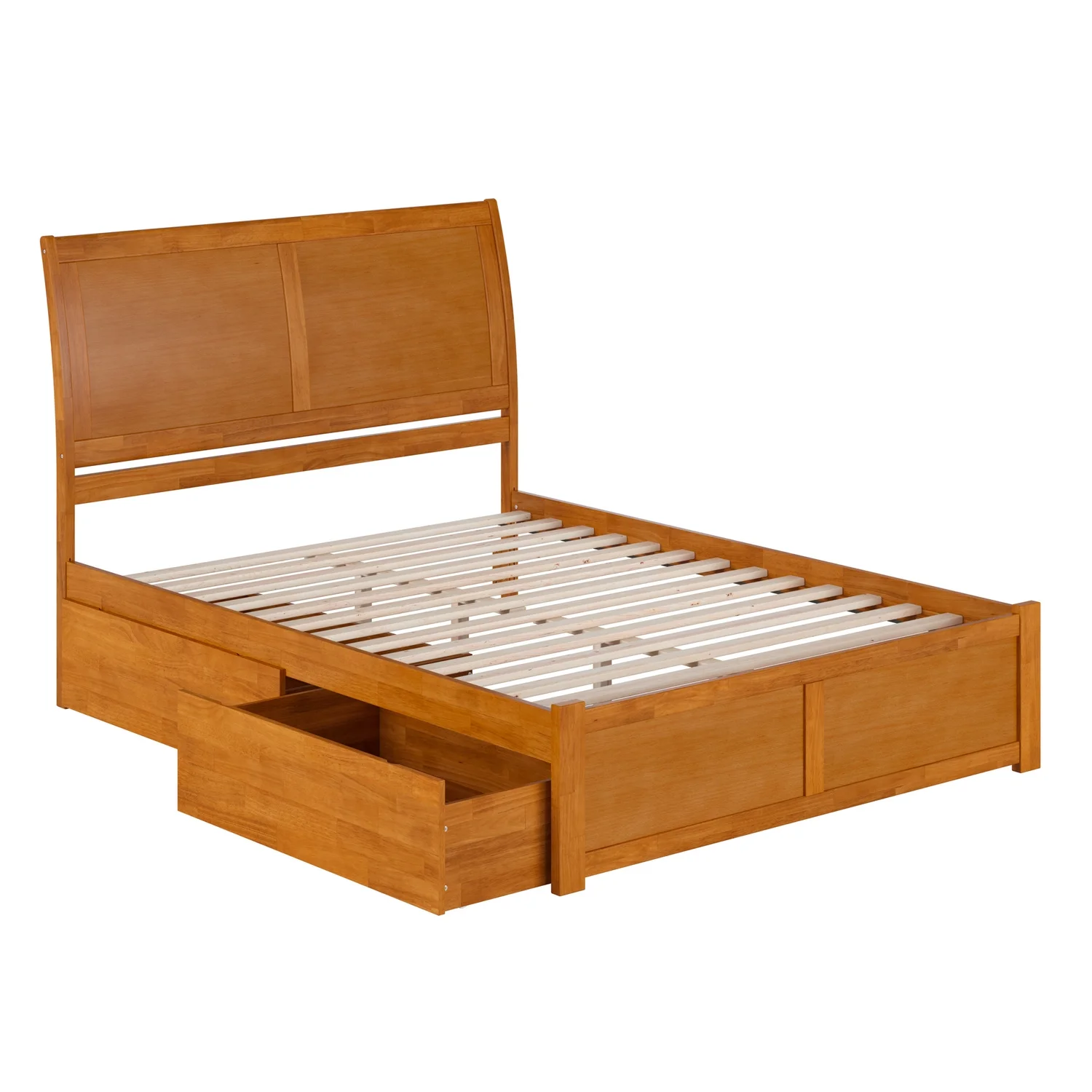Portland Queen Wood Platform Bed with Footboard and Drawers in Light Toffee