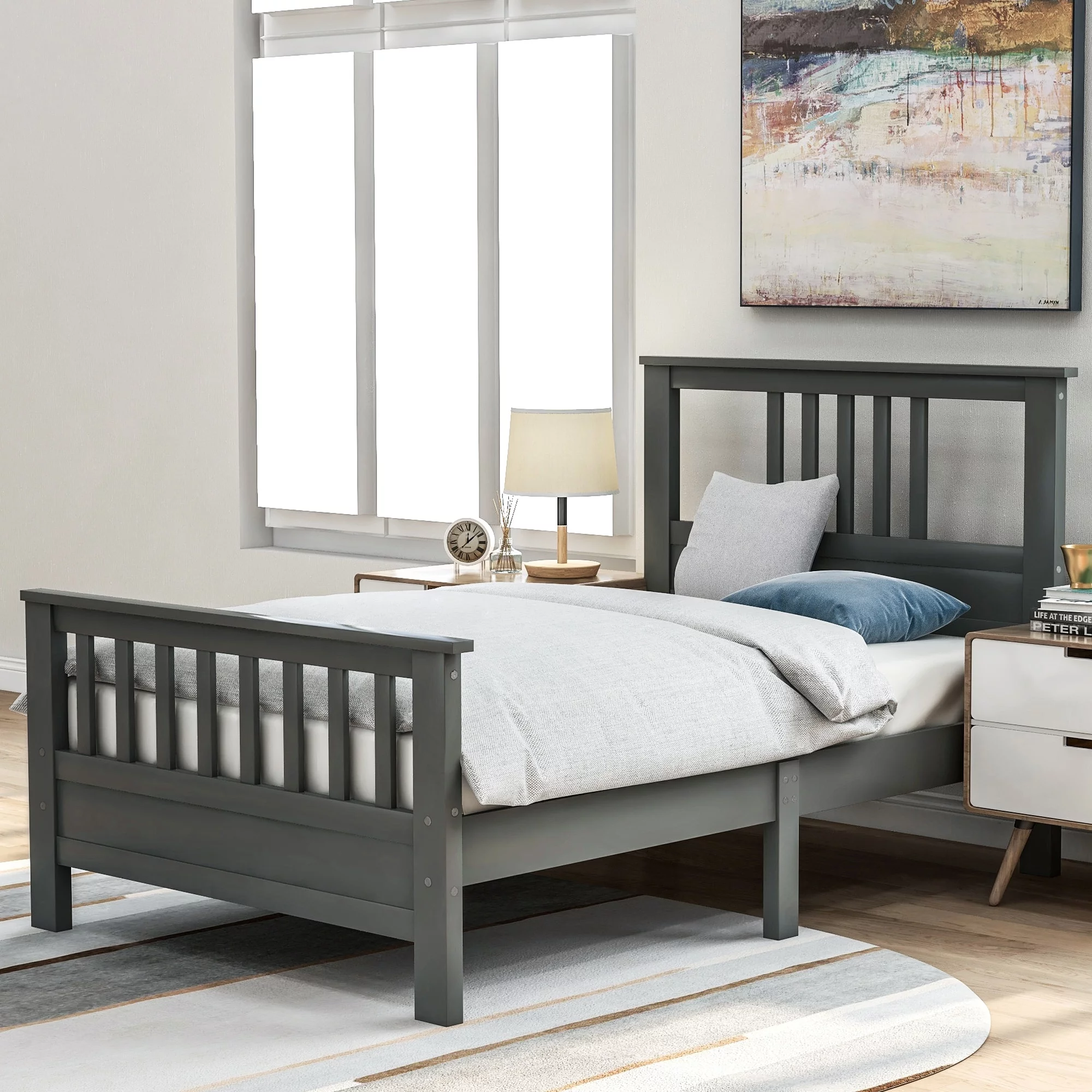 Gray 75.9'' Simple And Stylish Assembly Solid Pine Wood Platform Bed With Solid Headboard and Footboard, Twin