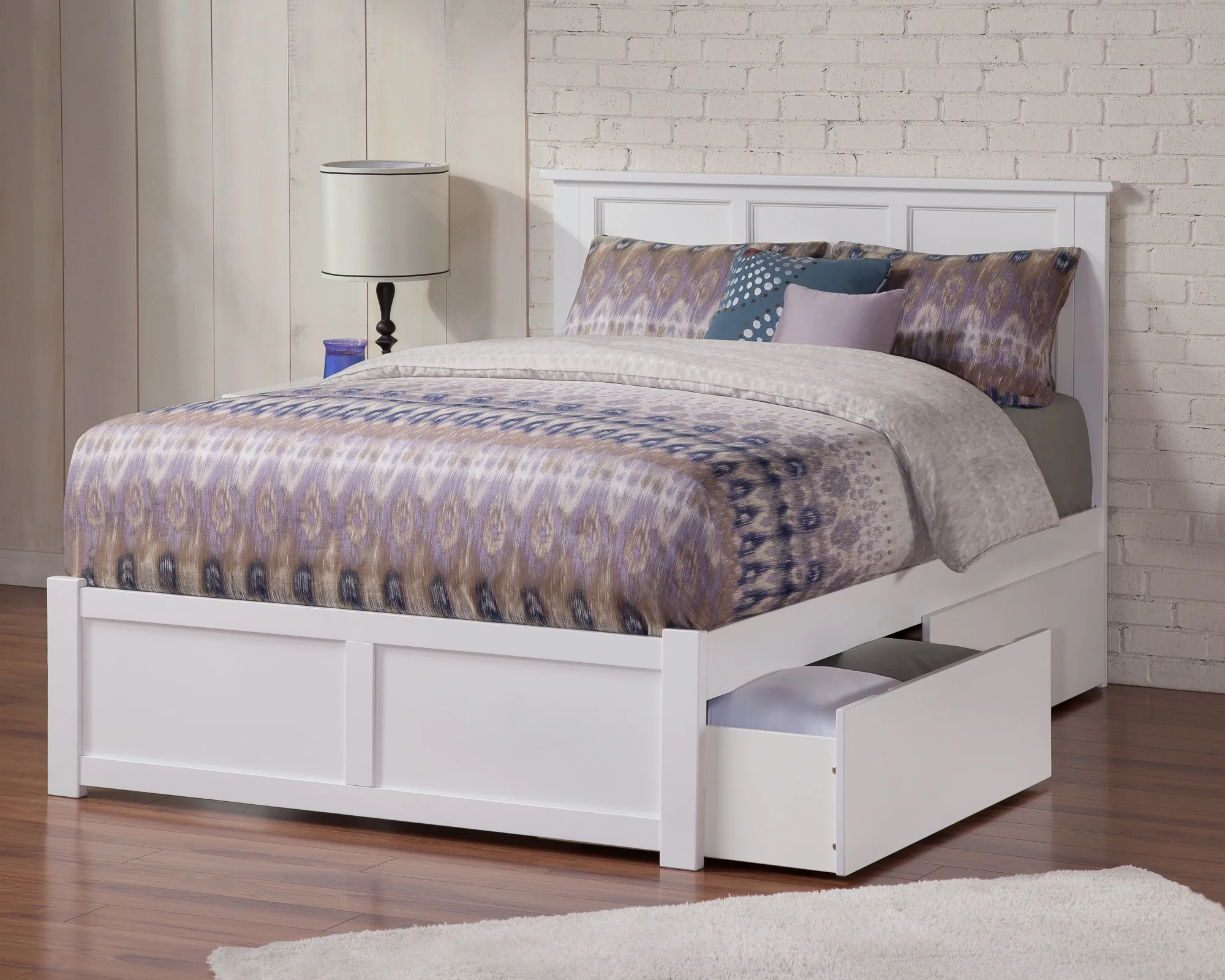 AFI Madison Full Solid Wood Platform Bed with Footboard & 2 Storage Drawers in White