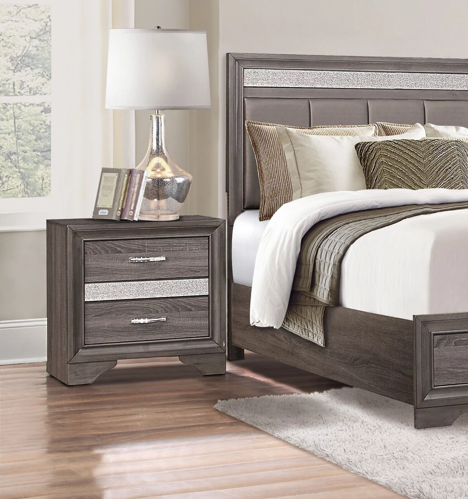 Unique Style Bedroom 5pc Set Platform King Bed with Drawers Nightstands Dresser Mirror Modern Gray Finish Wooden Furniture