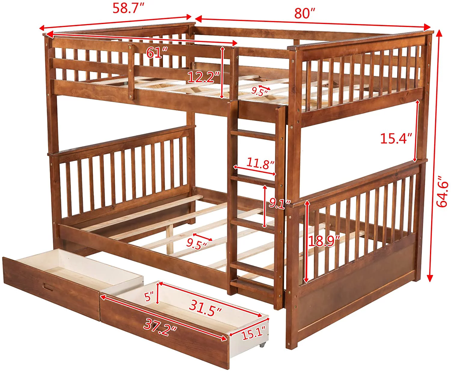 Full Over Full Bunk Bed With Drawers, Full Size Bunk Bed, Solid Wood Bunk Bed Frame With Ladders & 2 Storage Drawers, Bedroom Furniture (Walnut, Full/Full With Drawers)